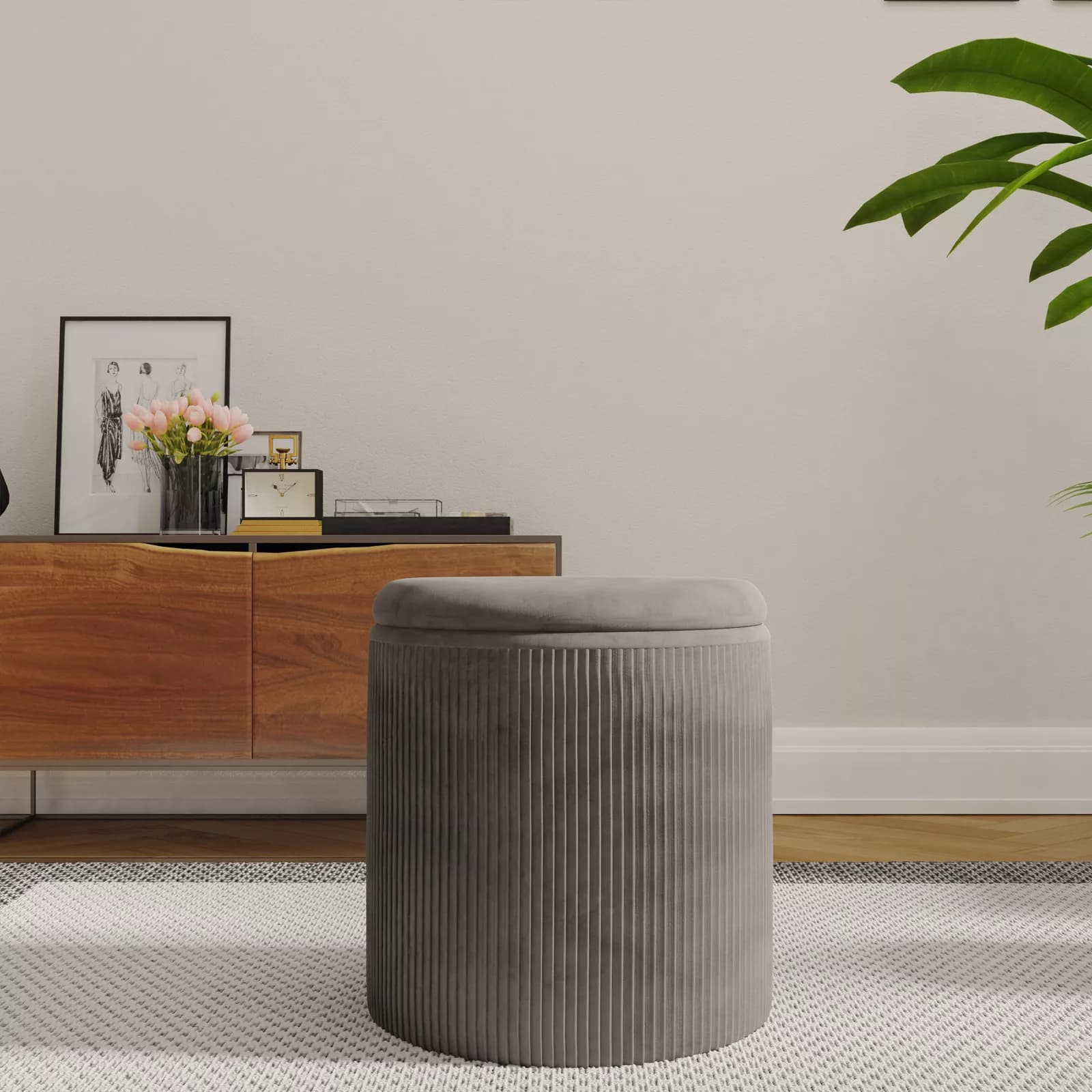 Pouf contenitore rotondo 37 cm in velluto grigio - Blaise