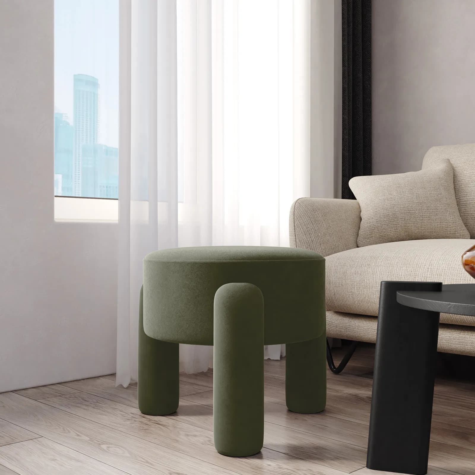 Pouf imbottito 48 cm in tessuto pile verde militare - Zacar