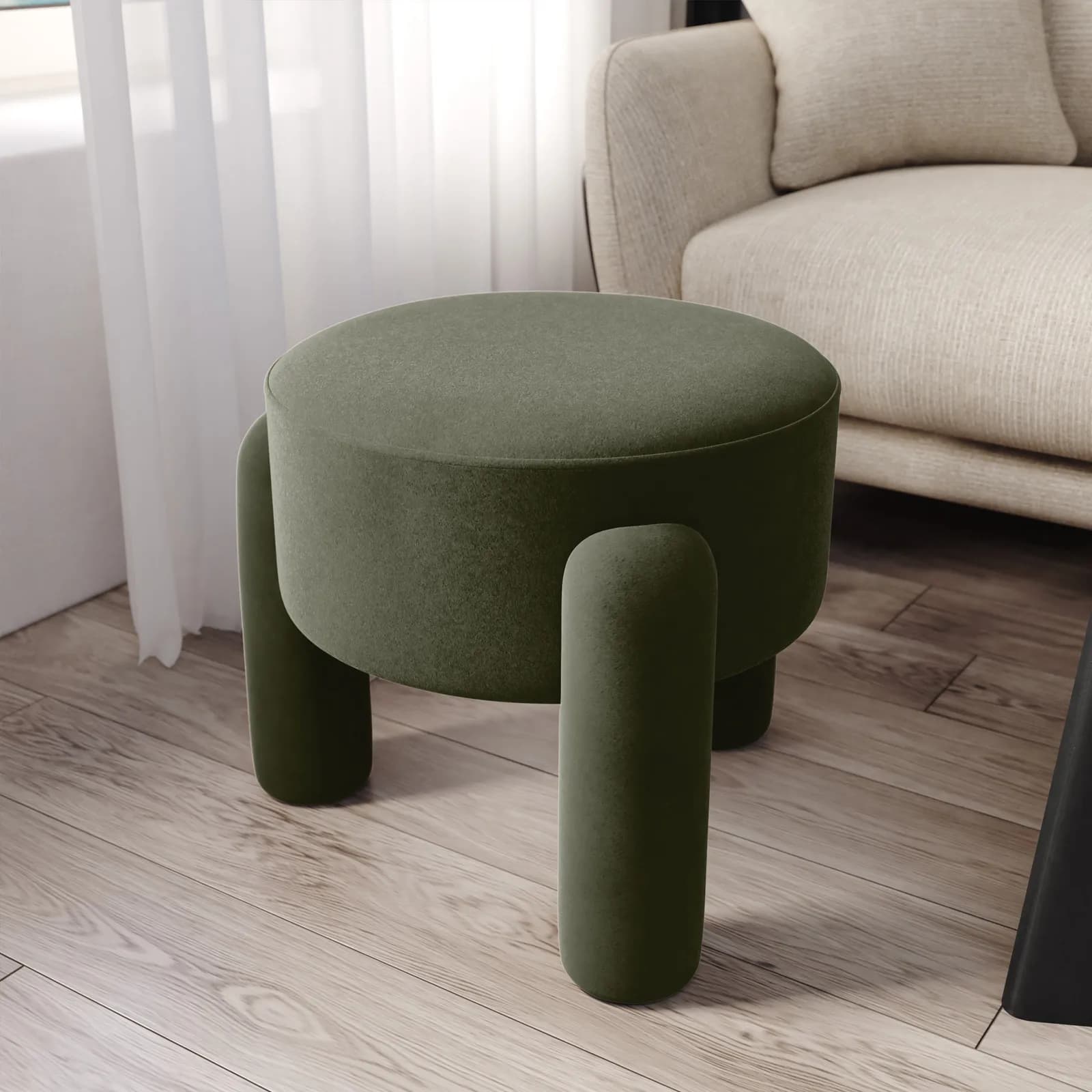 Pouf imbottito 48 cm in tessuto pile verde militare - Zacar