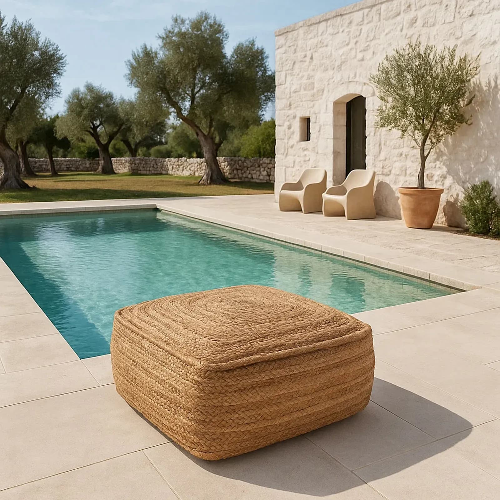 Pouf imbottito da esterno o interno 60x60 cm in juta naturale - Puffy