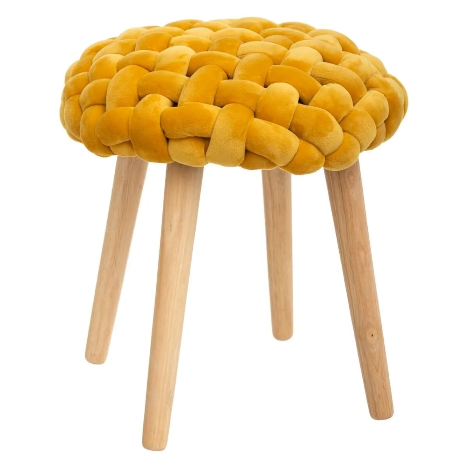 Sgabello rotondo 39 cm in velluto intrecciato ocra con gambe in legno naturale - Akena