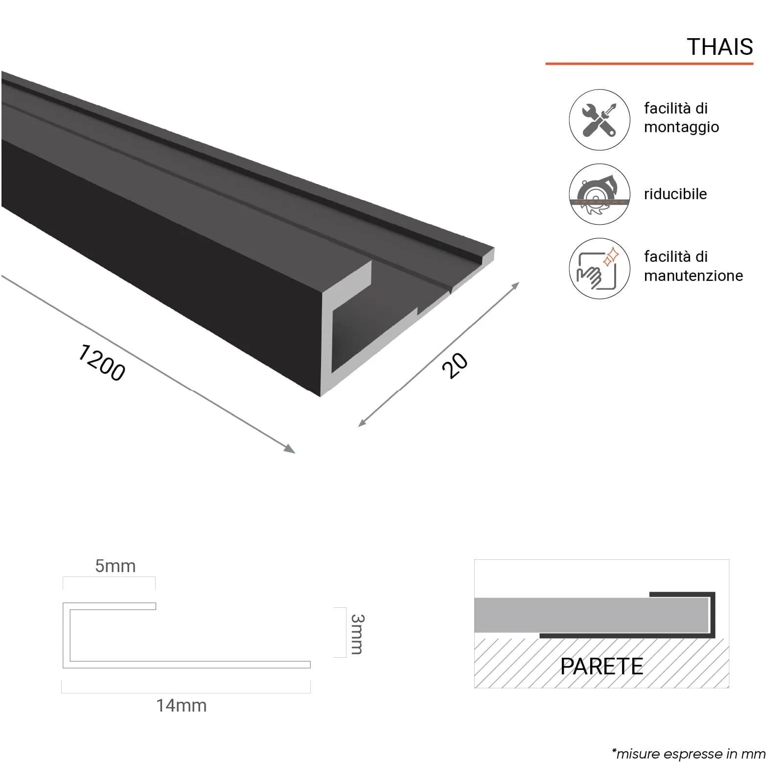 Profilo di chiusura in alluminio nero per rivestimento parete 2x120 cm - Thais