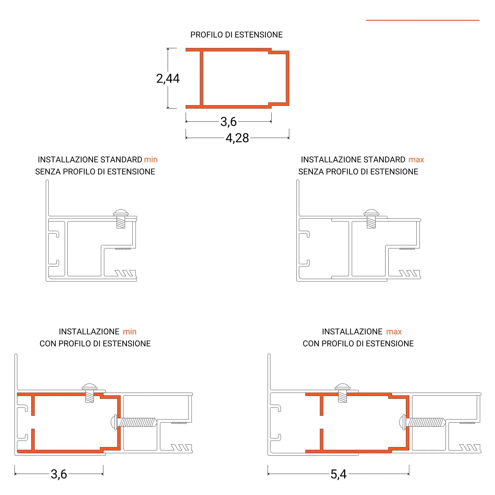 Profilo di estensione 3,6 cm per box doccia in alluminio nero opaco 200h - Naomi
