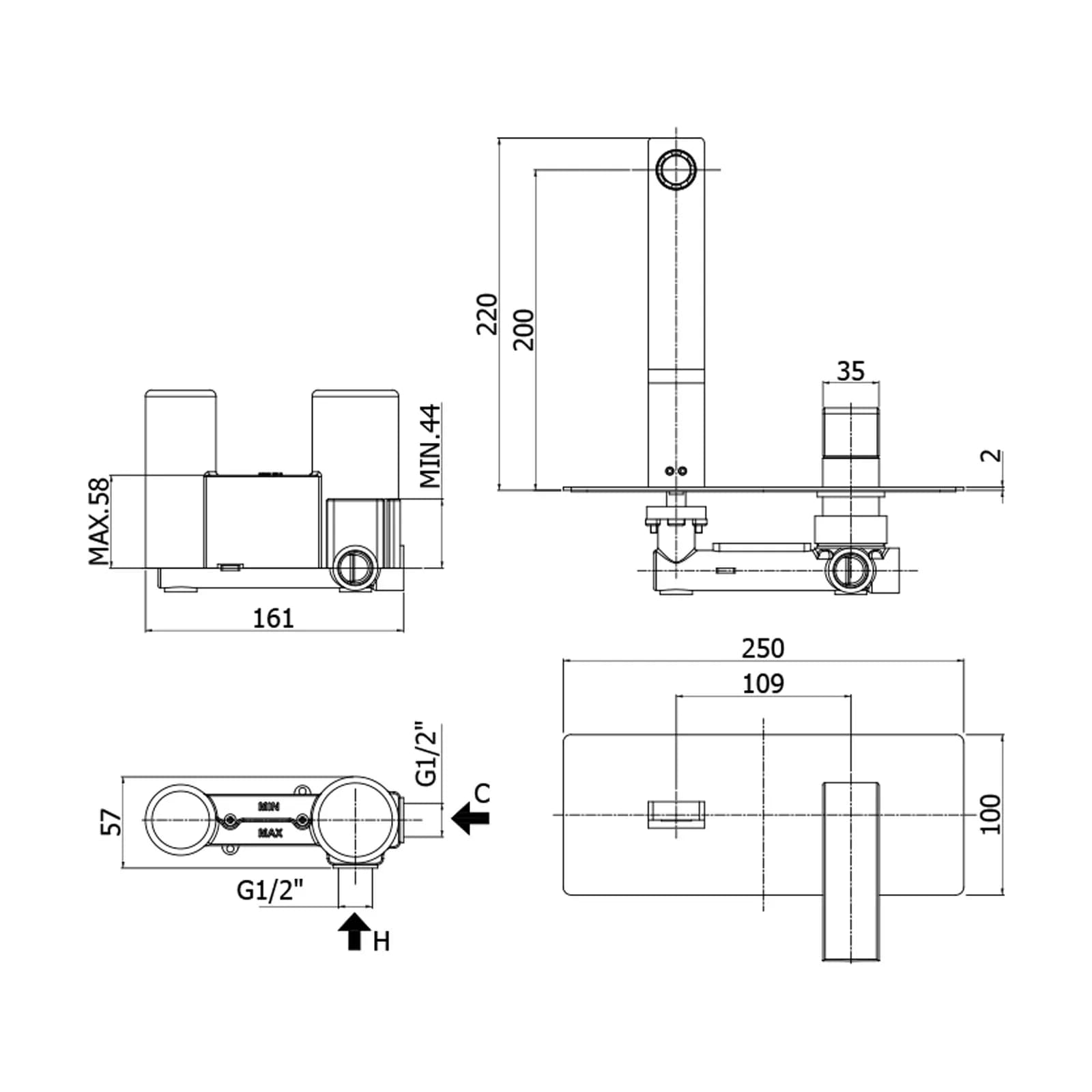 Miscelatore incasso lavabo 25x10 cm con bocca 20 cm cromato - Elle di Paffoni