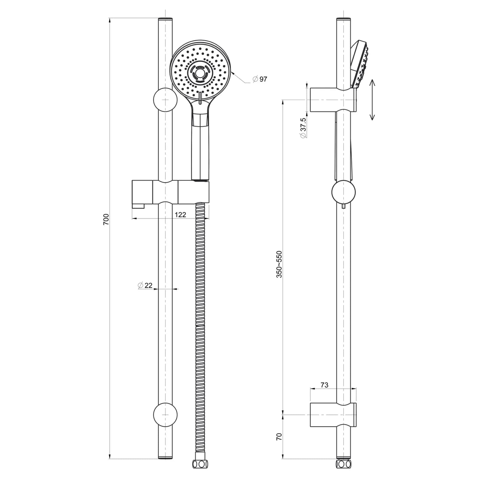 Saliscendi doccia 70h cm con doccino 5 getti - Plaza di Jacuzzi - Rubinetteria
