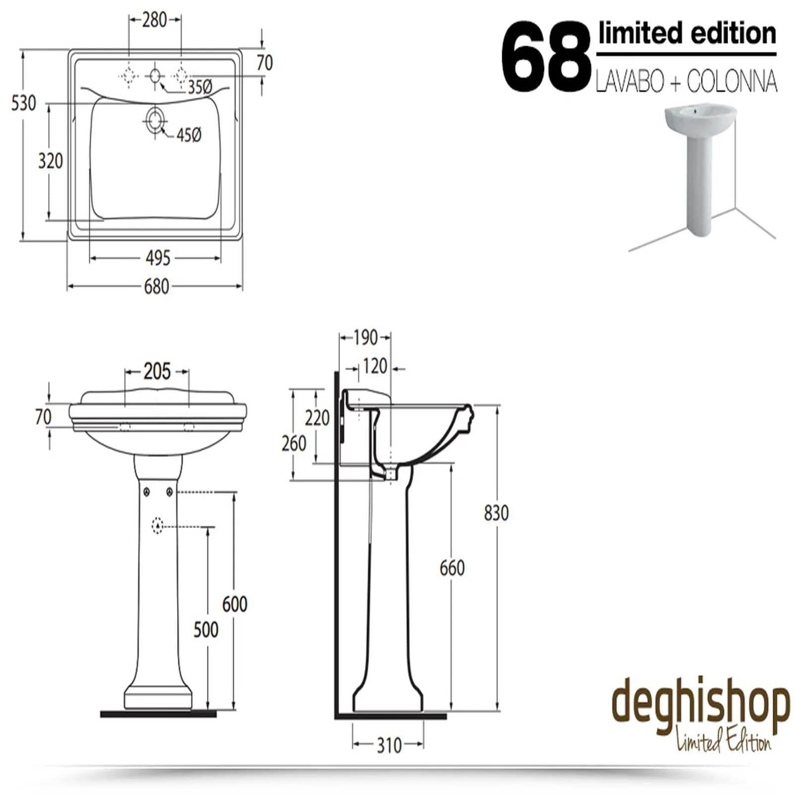 Sanitari classici bagno completo wc bidet e lavabo con colonna Azzurra Giunone