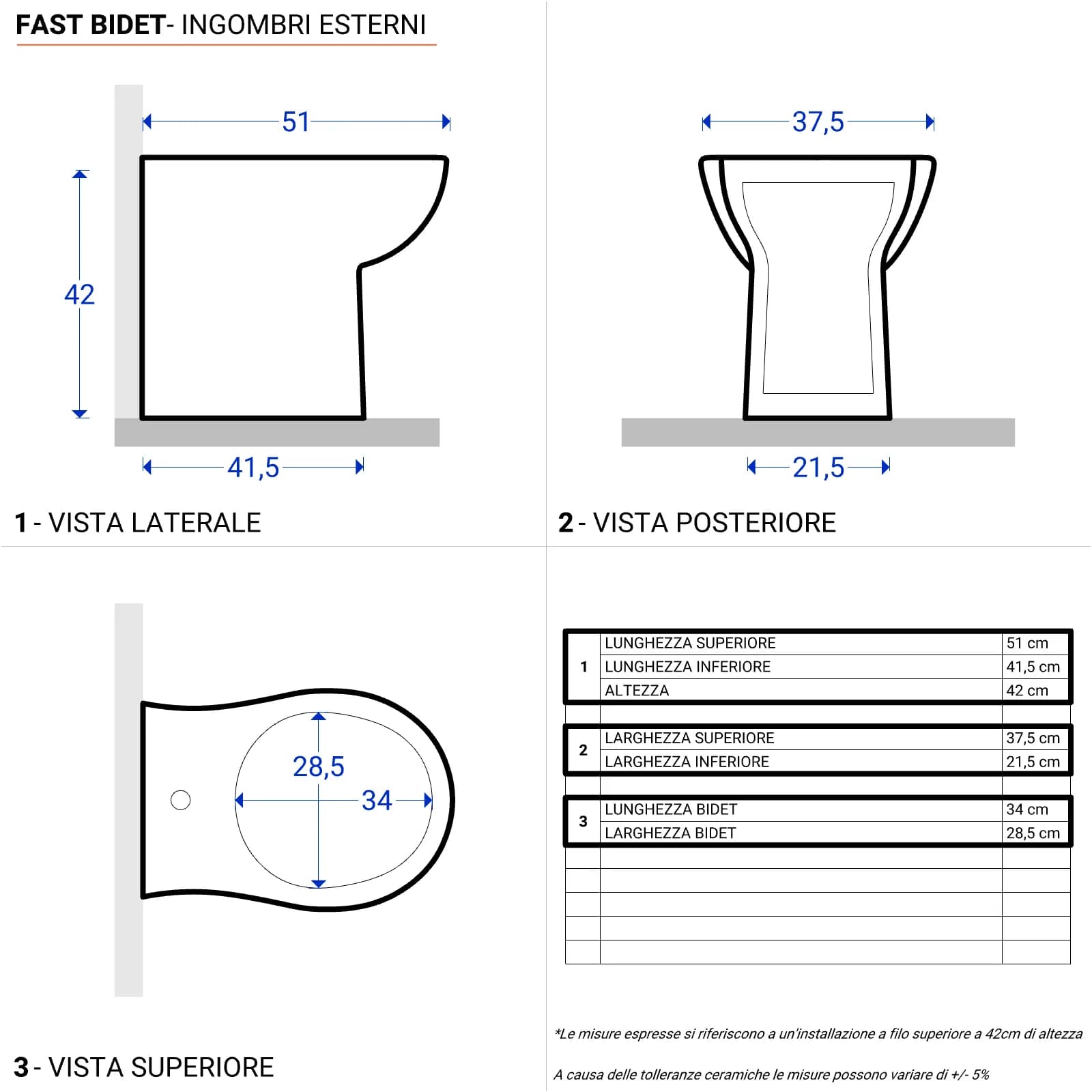 Sanitari filomuro a terra vaso + bidet e sedile soft-close Azzurra Fast in ceramica