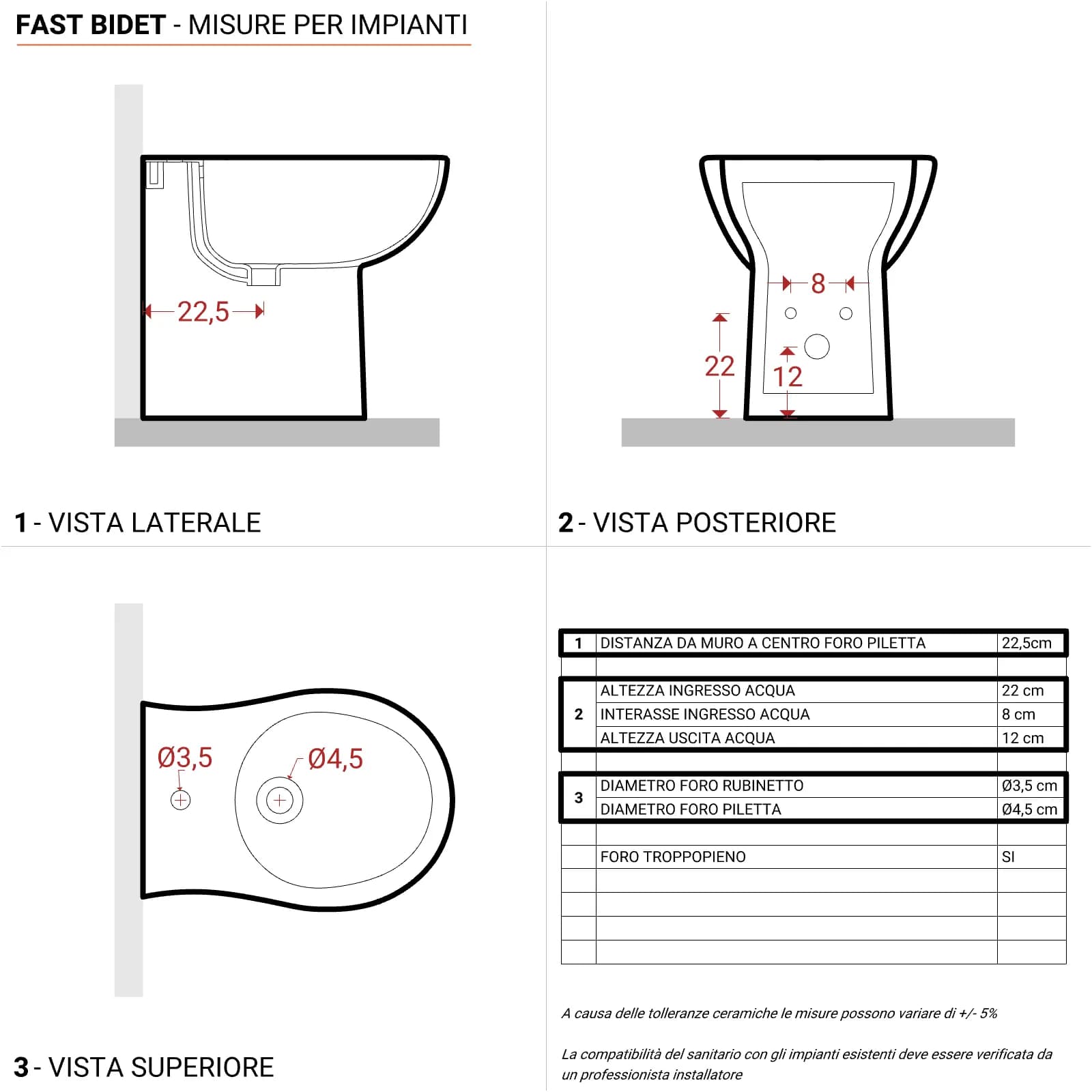 Sanitari filomuro a terra vaso + bidet e sedile soft-close Azzurra Fast in ceramica