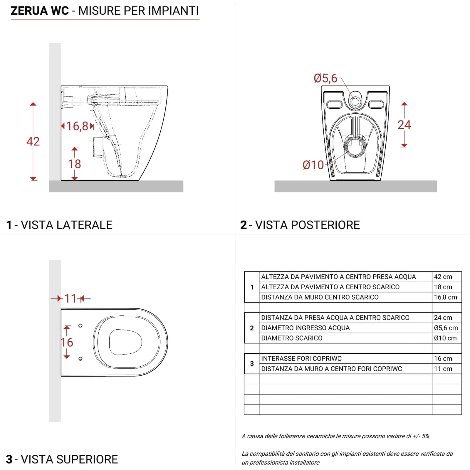 Sanitari filomuro H 50 cm bianco in ceramica con copriwc - Zerua
