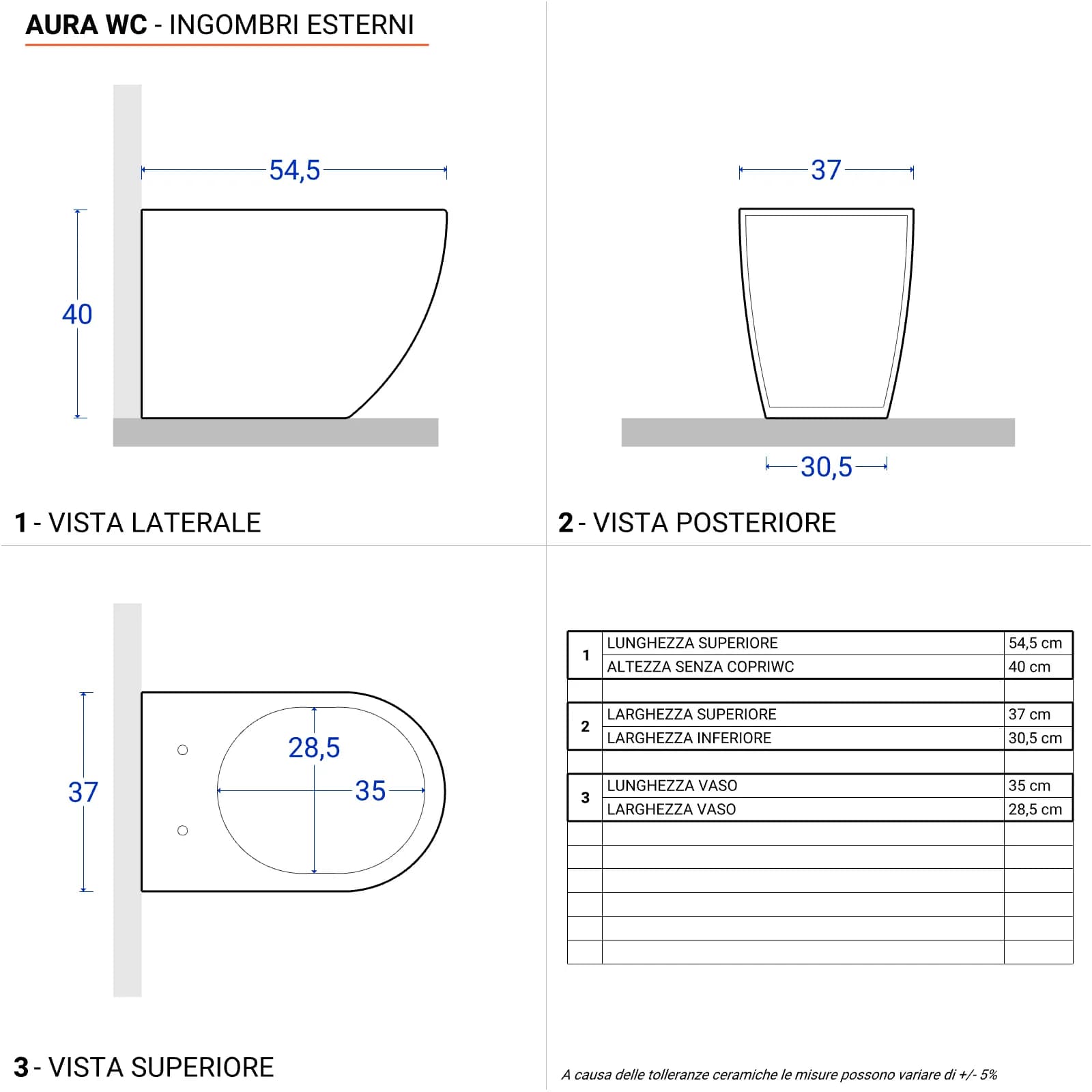 Sanitari filomuro con copriwc Soft-Close in ceramica bianco - Aura