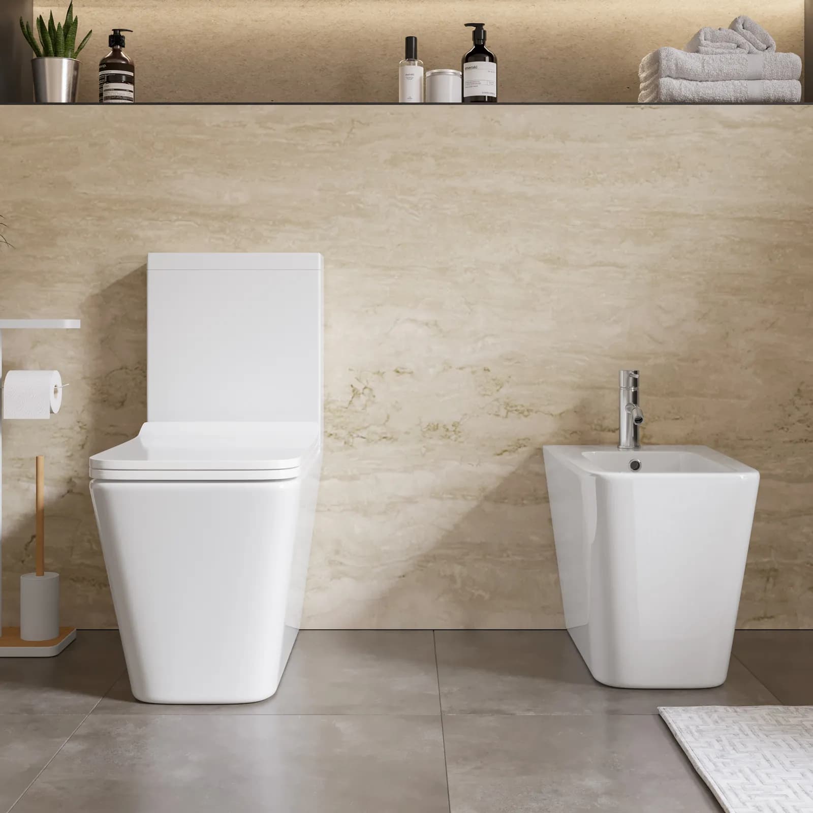 Sanitari filomuro in ceramica con wc monoblocco rimless e copriwc softclose - Lena
