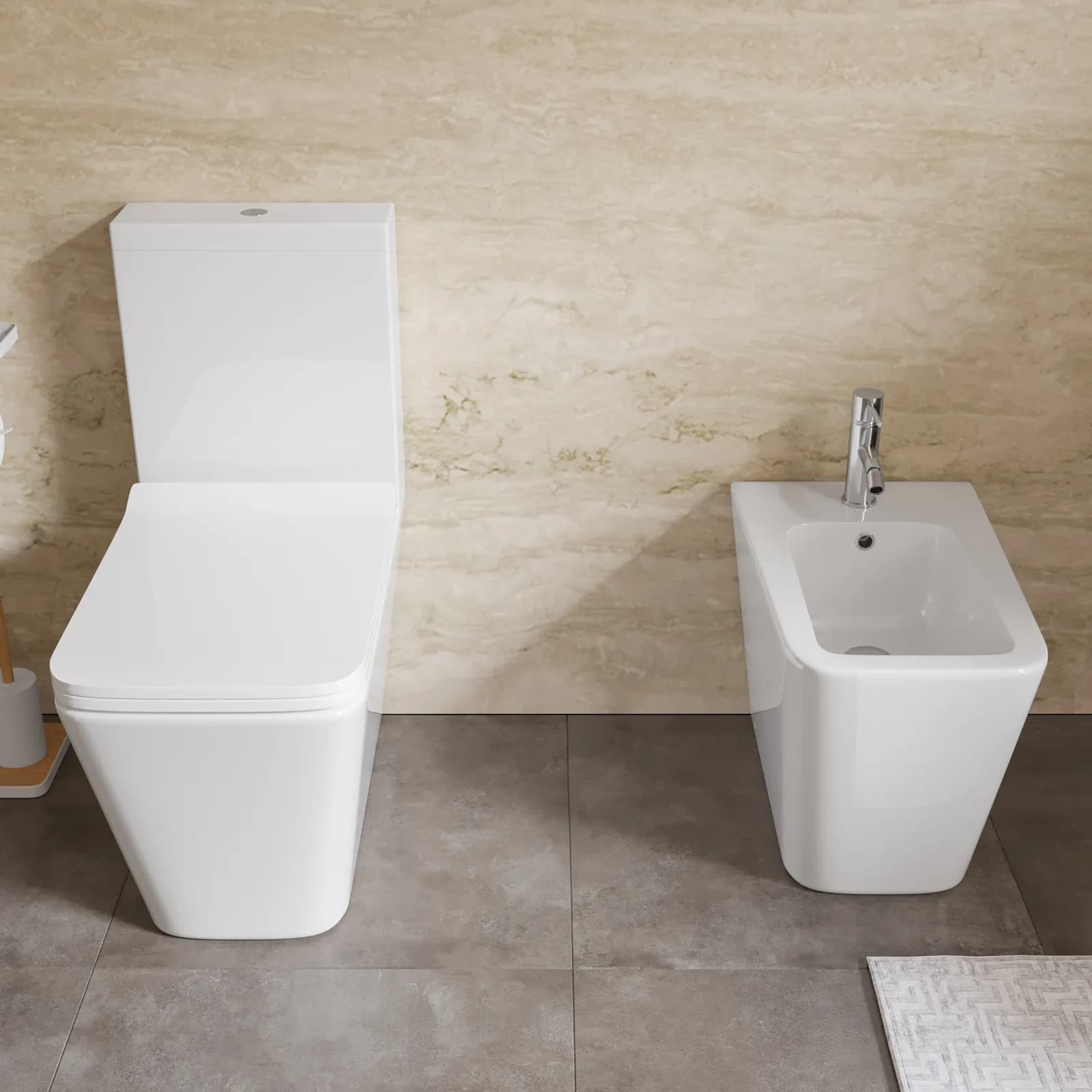 Sanitari filomuro in ceramica con wc monoblocco rimless e copriwc softclose - Lena