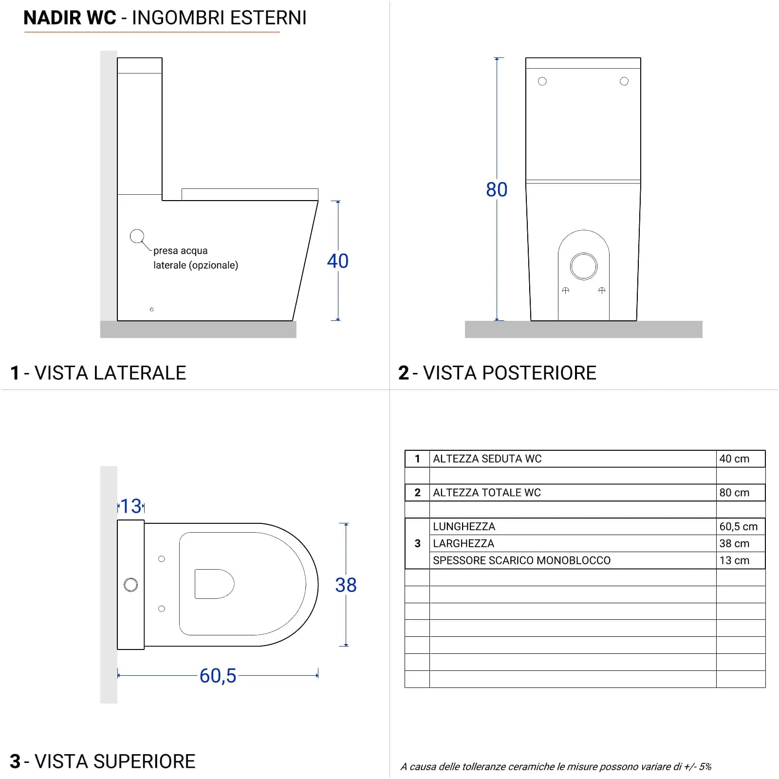 Sanitari filomuro vaso monoblocco sedile SoftClose ceramica bianco lucido - Nadir