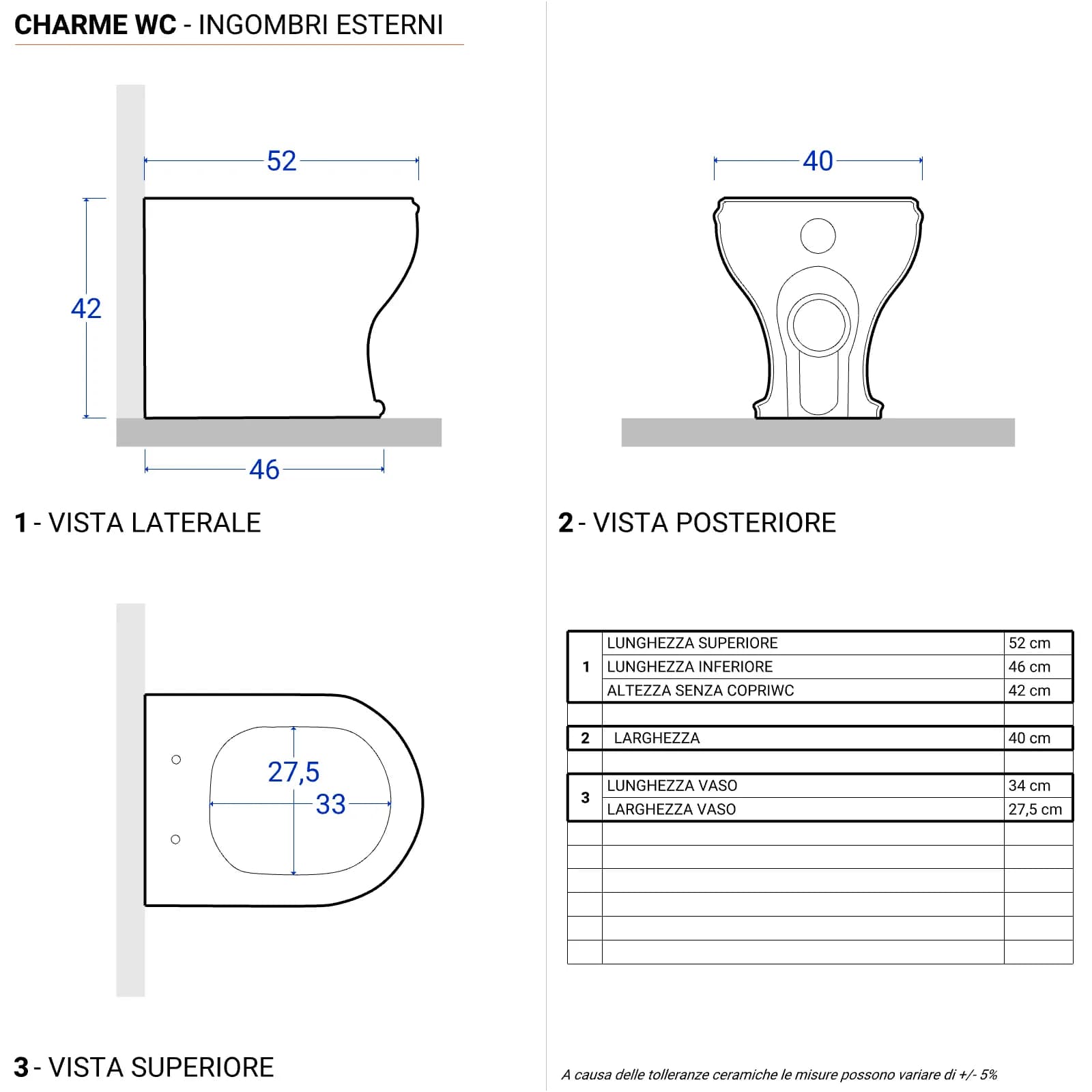 Sanitari filomuro wc con scarico traslato a pavimento Charme di Azzurra con sedile copriwc softclose