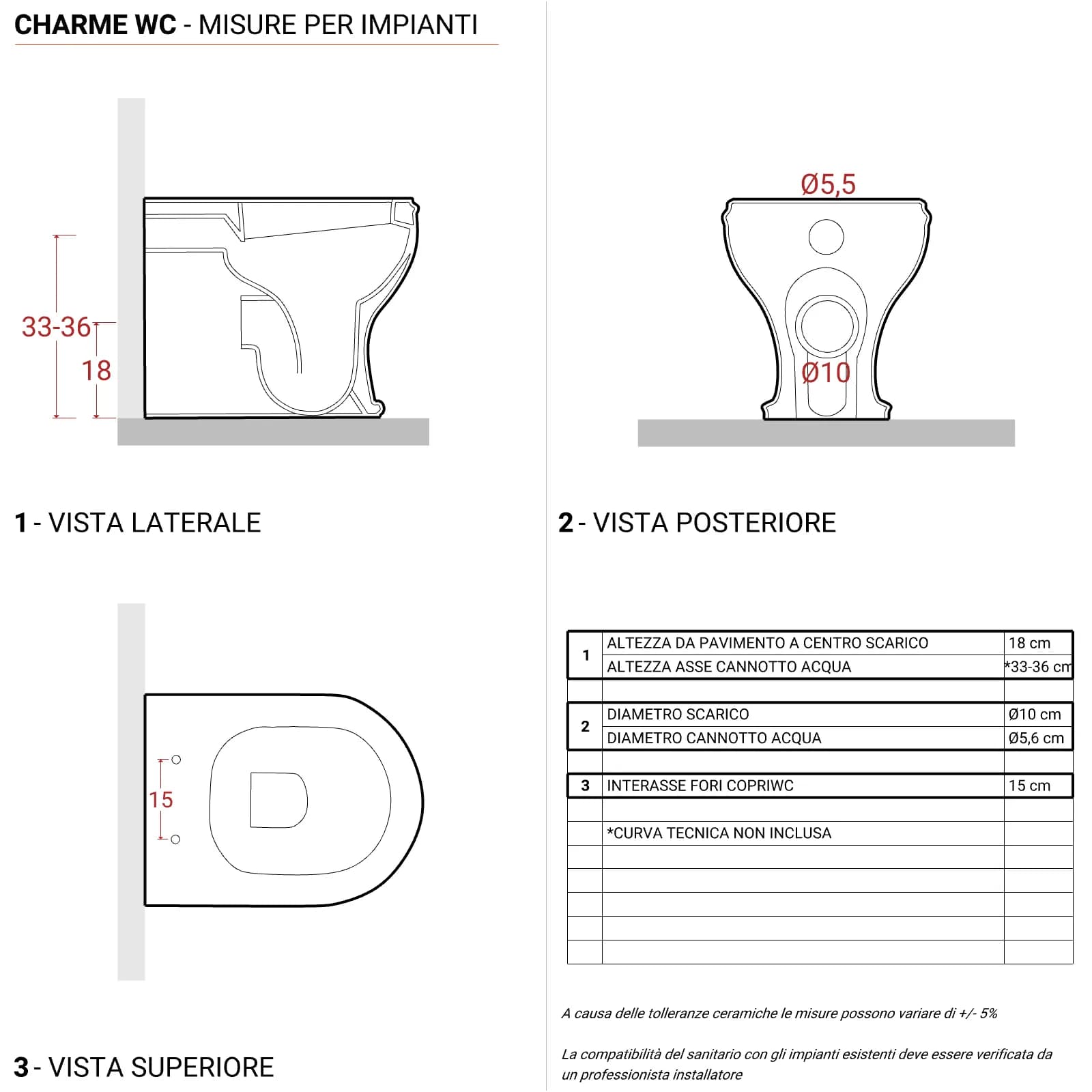 Sanitari filomuro wc con scarico traslato a pavimento Charme di Azzurra con sedile copriwc softclose