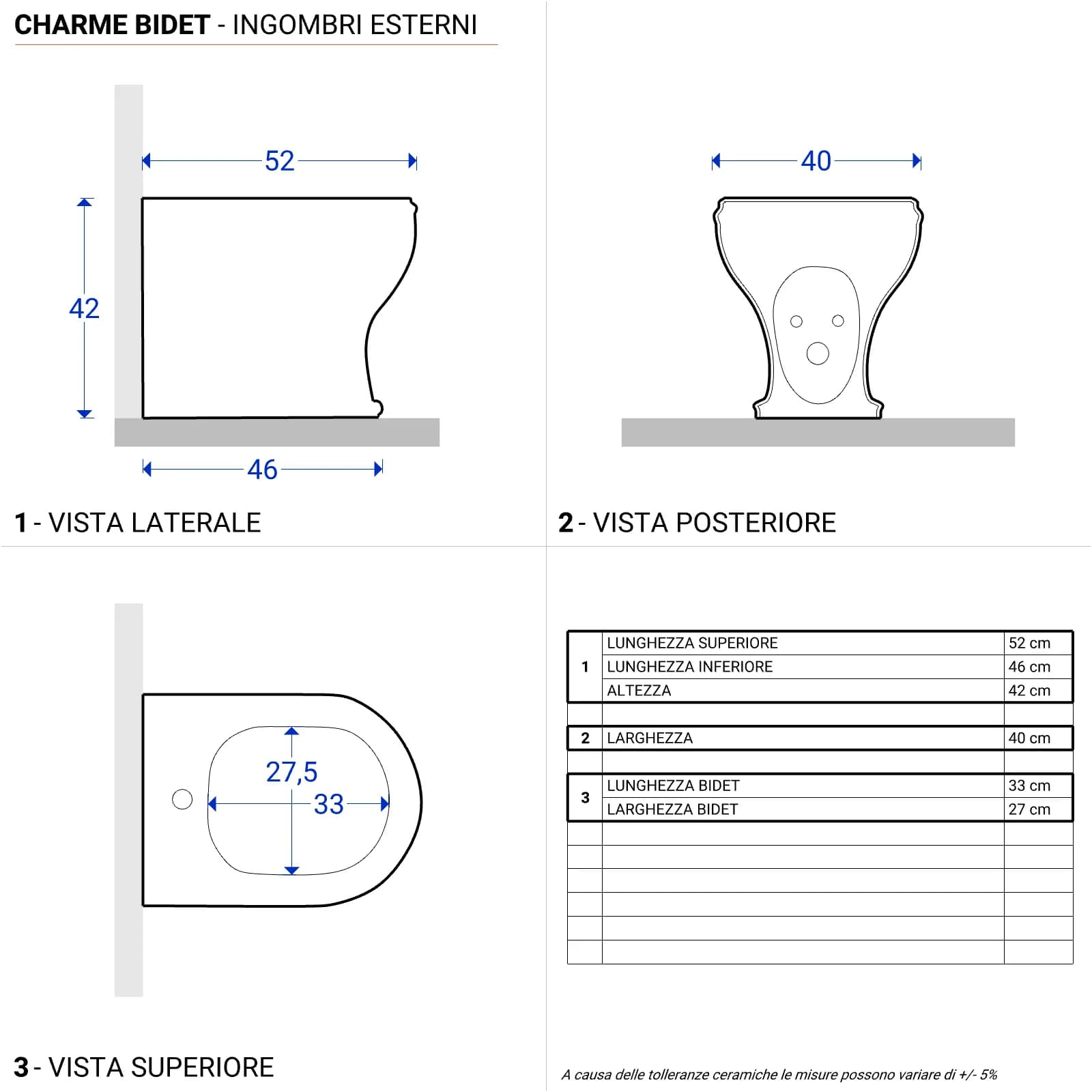 Sanitari filomuro wc con scarico traslato a pavimento Charme di Azzurra con sedile copriwc softclose