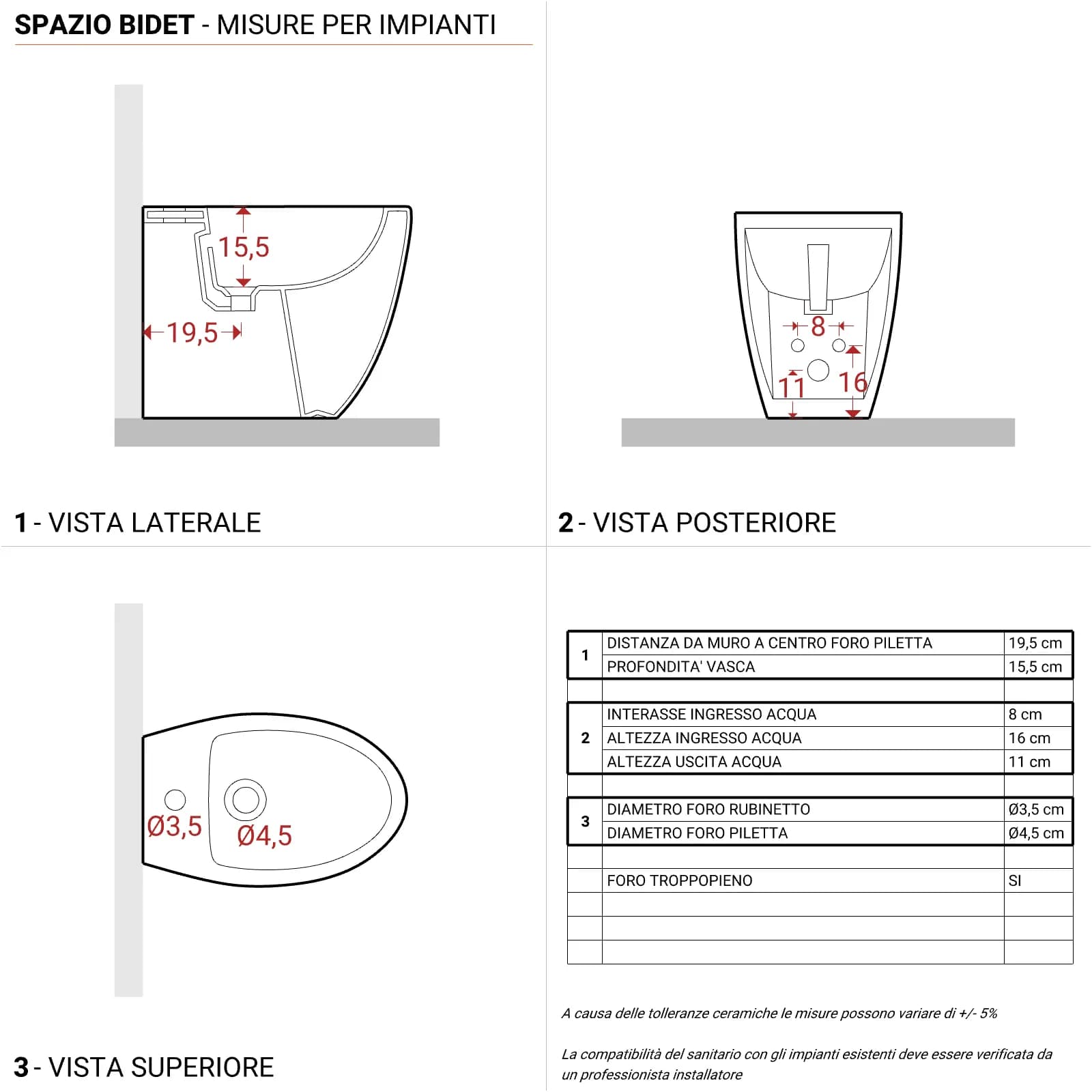 Sanitari filomuro wc rimless copriwc e bidet con troppopieno - LFT Spazio di Simas