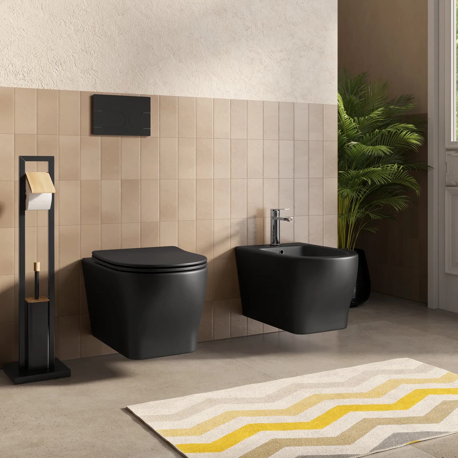 Sanitari sospesi con scarico a vortice in ceramica con copriwc nero opaco - Misty