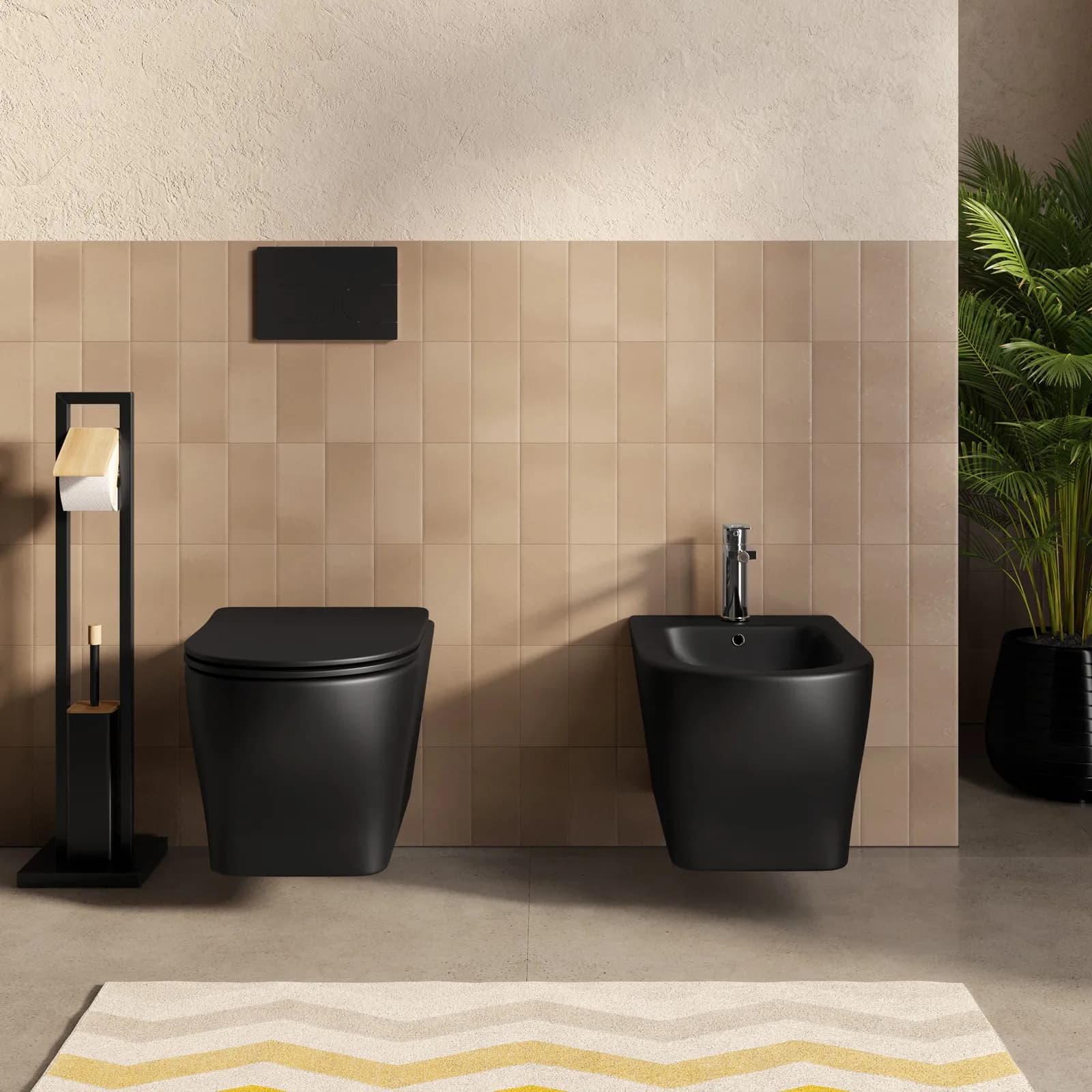 Sanitari sospesi con scarico a vortice in ceramica con copriwc nero opaco - Misty