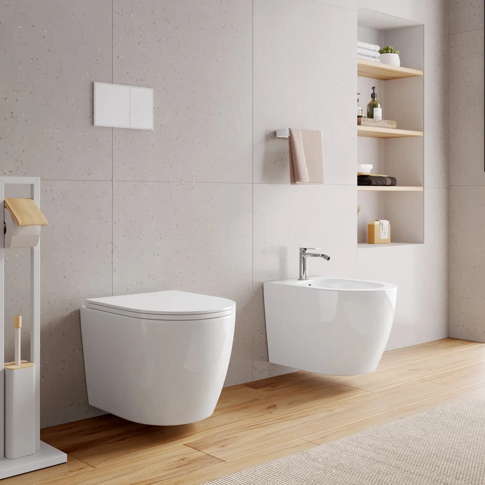 Sanitari sospesi in ceramica con sedile softclose bianco lucido - Ortens