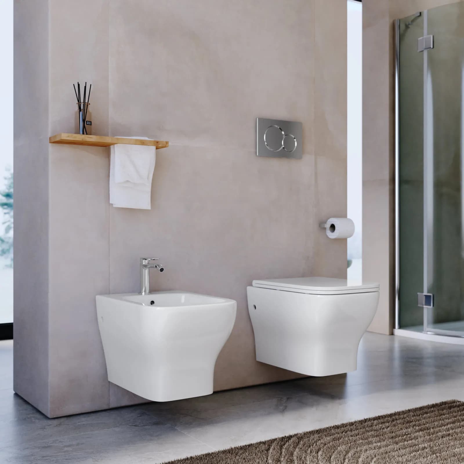Sanitari sospesi in ceramica rimless con sedile softclose - Selbi