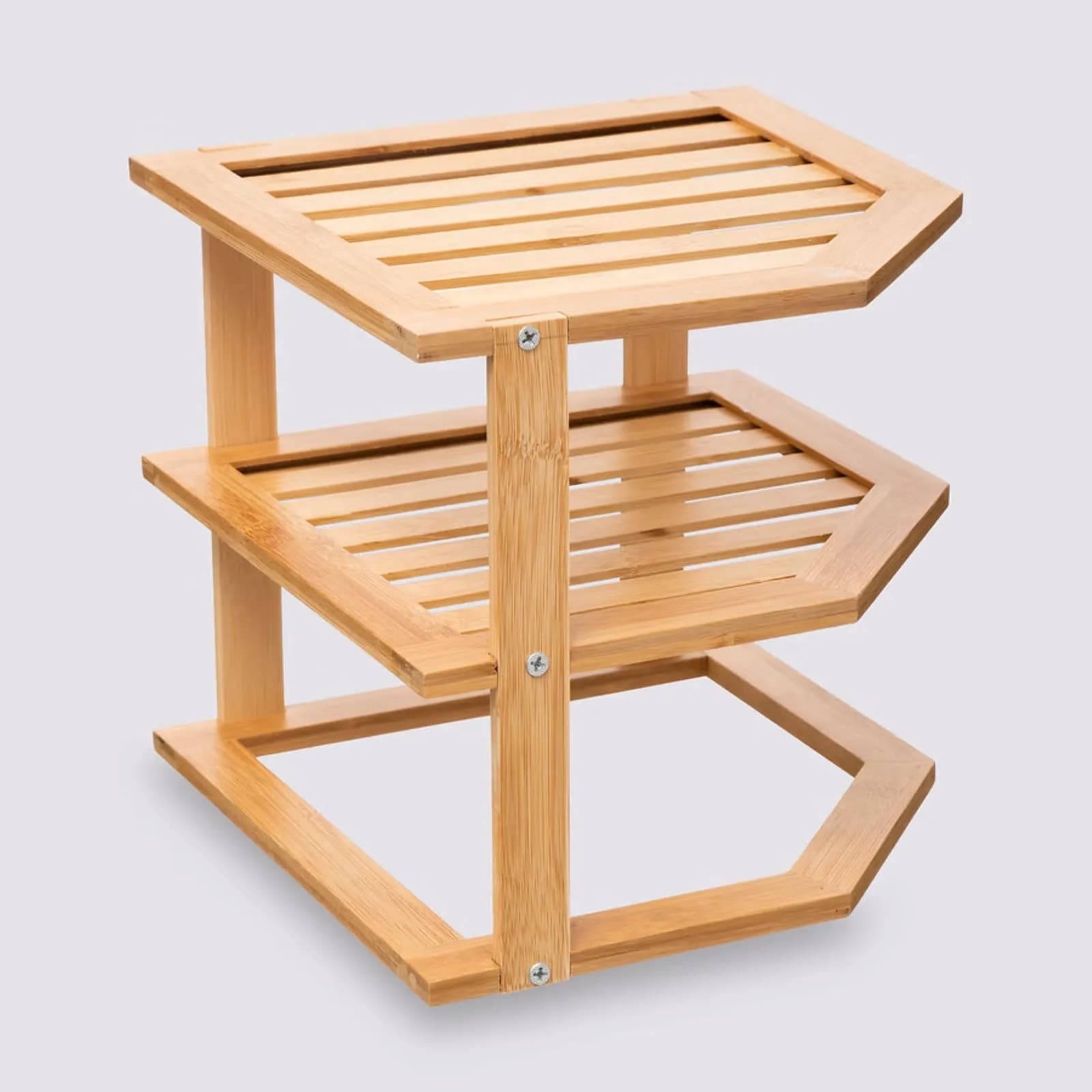 Scaffale angolare d'appoggio 25x23h cm in bambù naturale con 2 ripiani