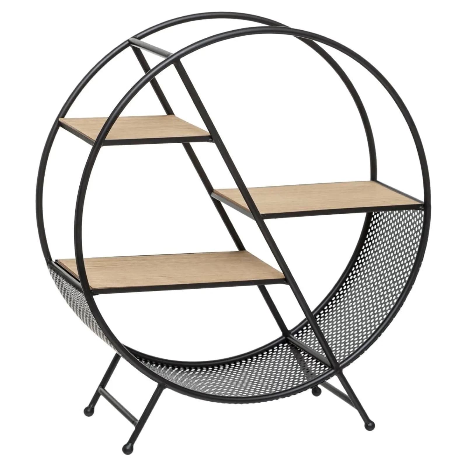 Scaffale d'appoggio rotondo 50 cm in metallo nero con 3 ripiani in legno