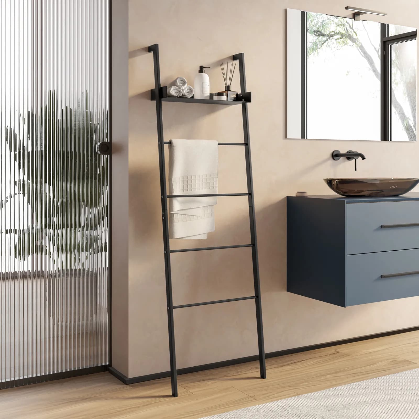 Scala porta salviette da parete 160 h cm in metallo nero con ripiano - Zeit