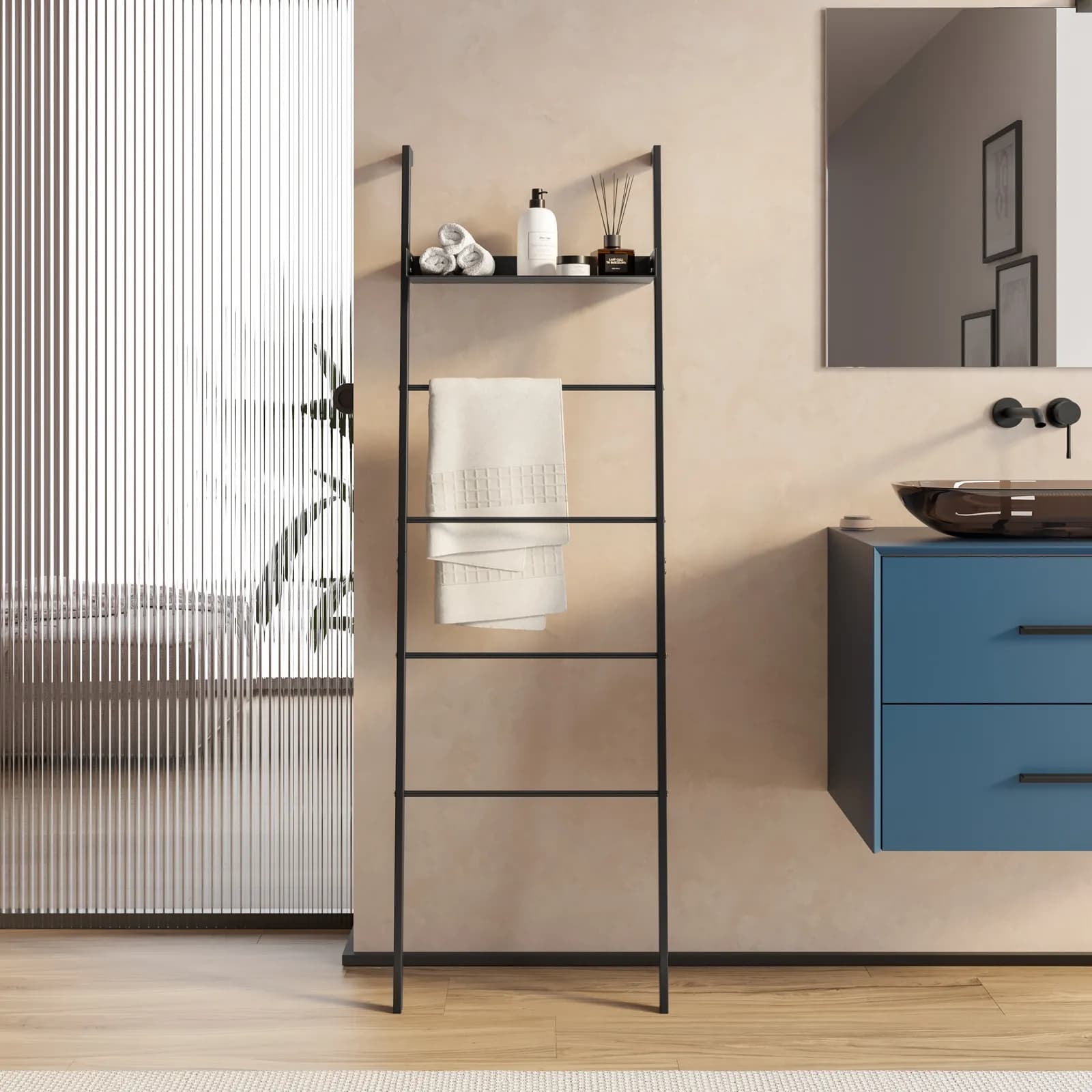 Scala porta salviette da parete 160 h cm in metallo nero con ripiano - Zeit