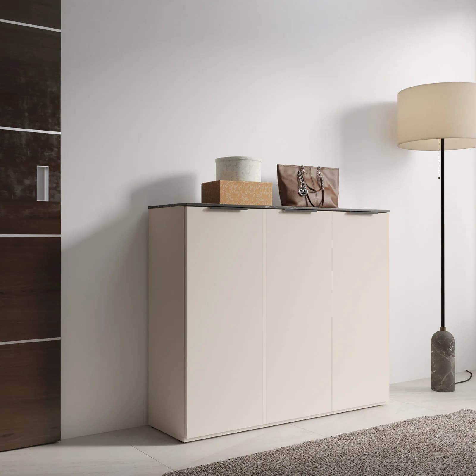 Scarpiera 120x100h cm cashmere opaco e top nero effetto marmo con 3 ante - Valoria