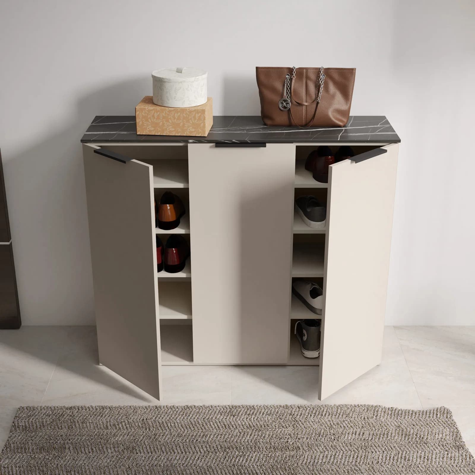 Scarpiera 120x100h cm cashmere opaco e top nero effetto marmo con 3 ante - Valoria