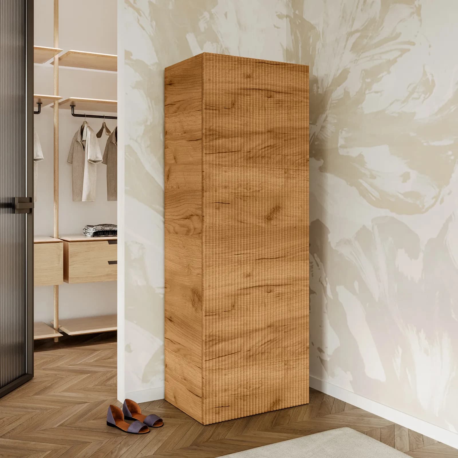 Scarpiera 60x170h cm rovere gold con anta reversibile cannettata - Judith