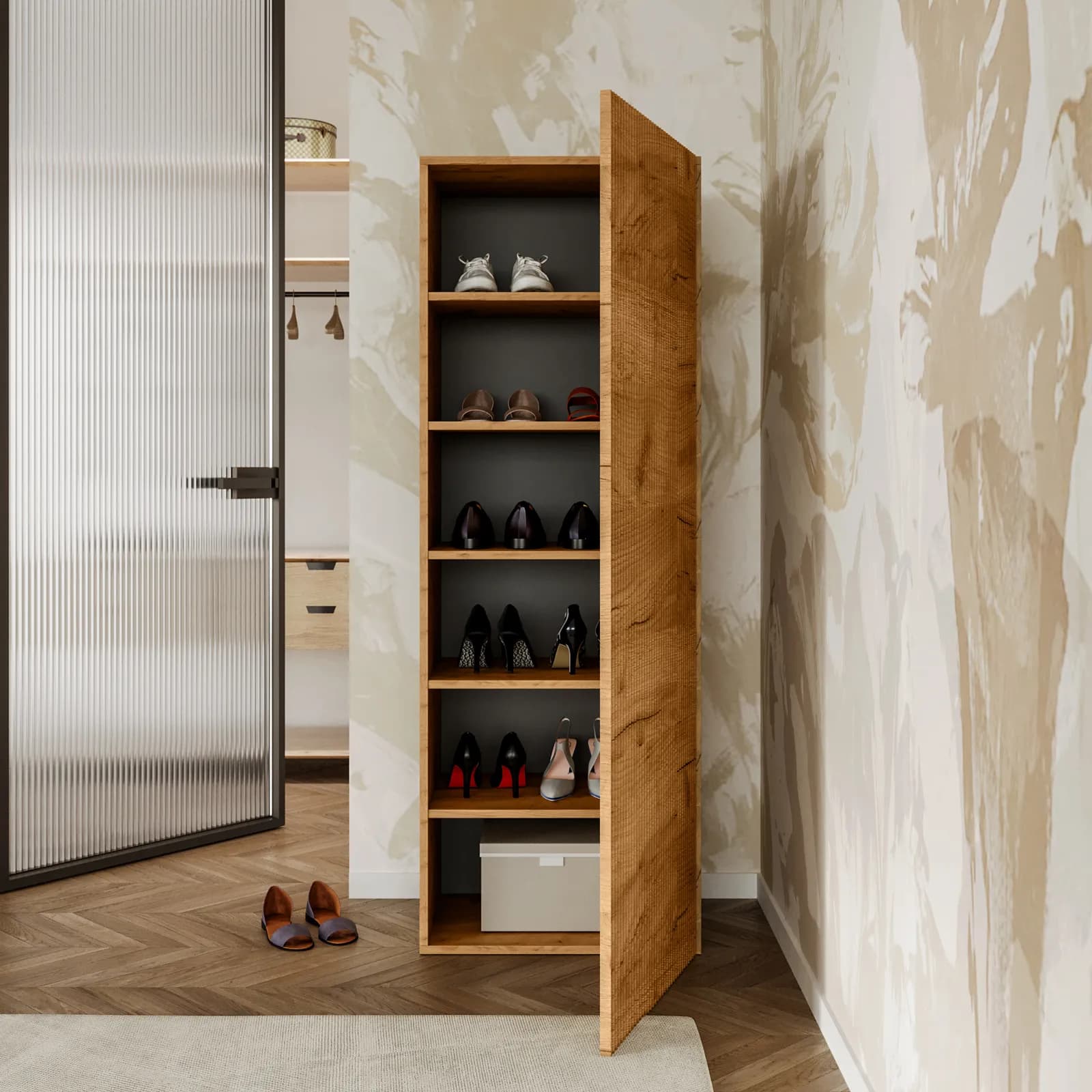 Scarpiera 60x170h cm rovere gold con anta reversibile cannettata - Judith