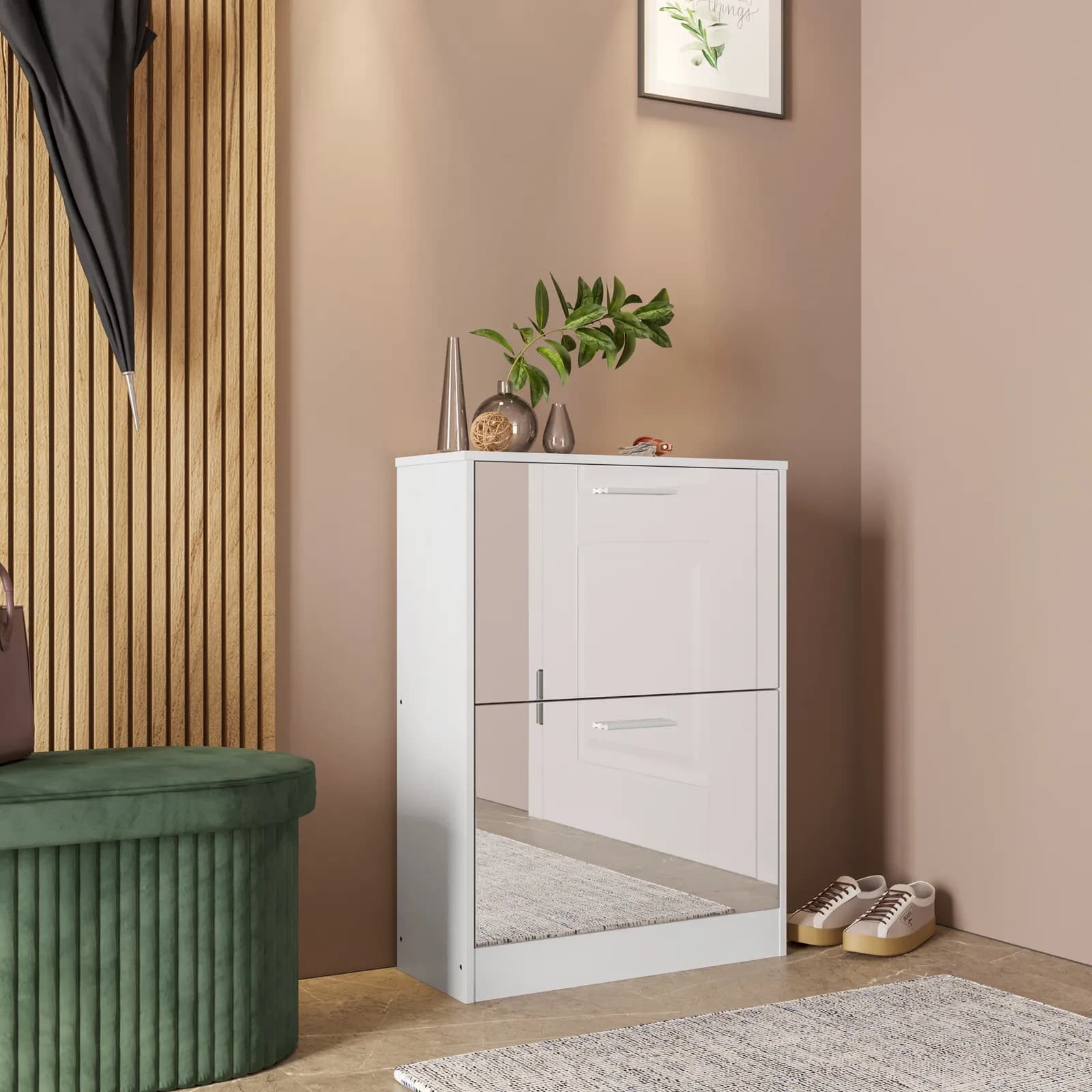 Scarpiera 60x82h cm con 2 ante a ribalta bianco e specchio - Sonic