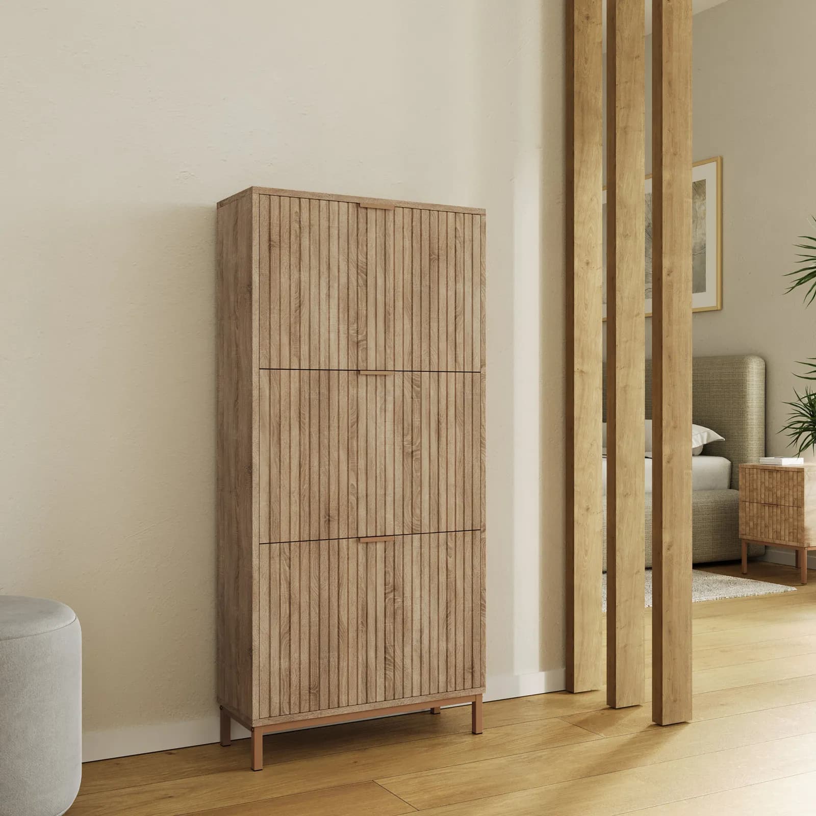Scarpiera 63x132h cm rovere cannettato con 3 ribalte e struttura in acciaio oro bronzato - Kloser
