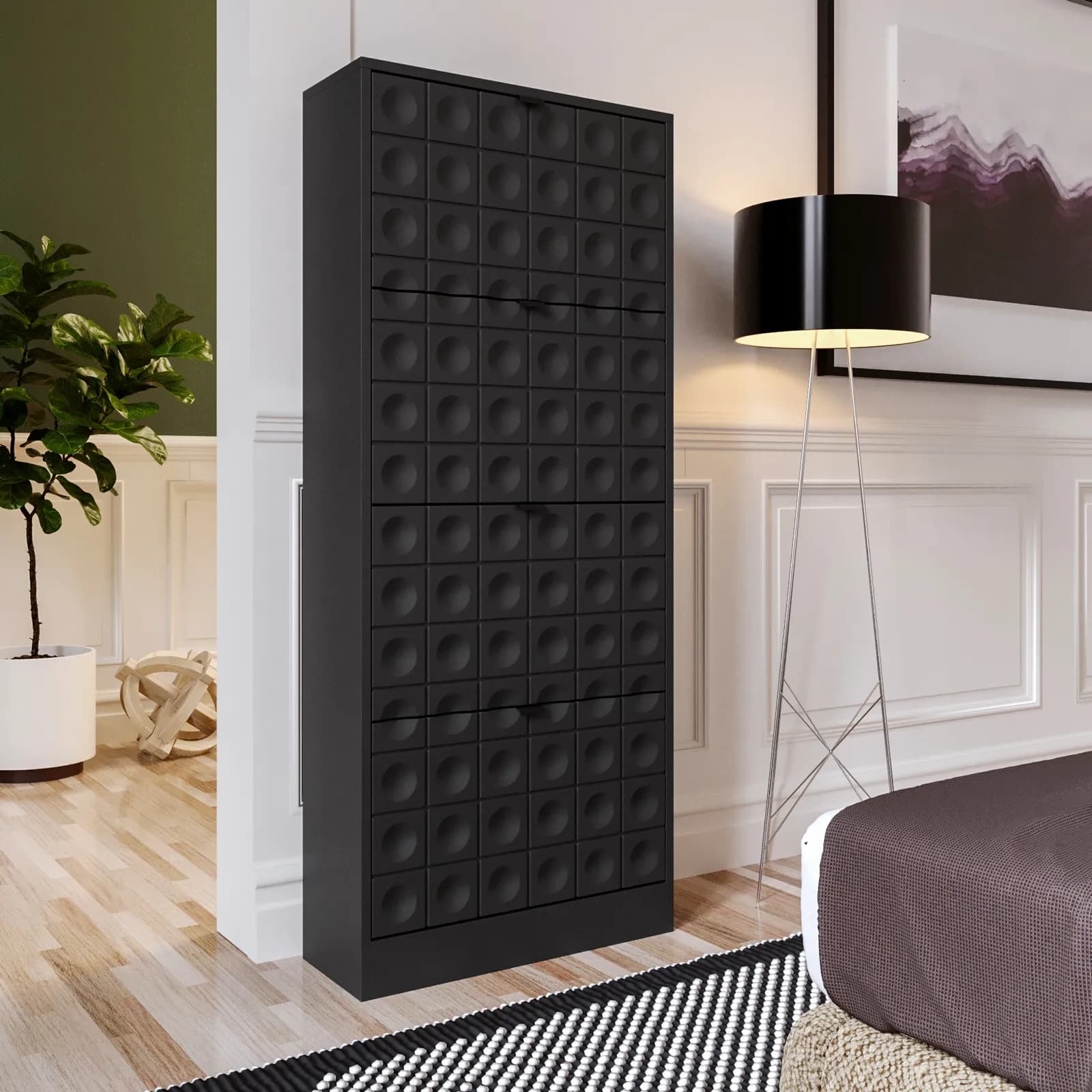 Scarpiera 63x153h cm nero con frontali decorati e 4 ante a ribalta - Miara