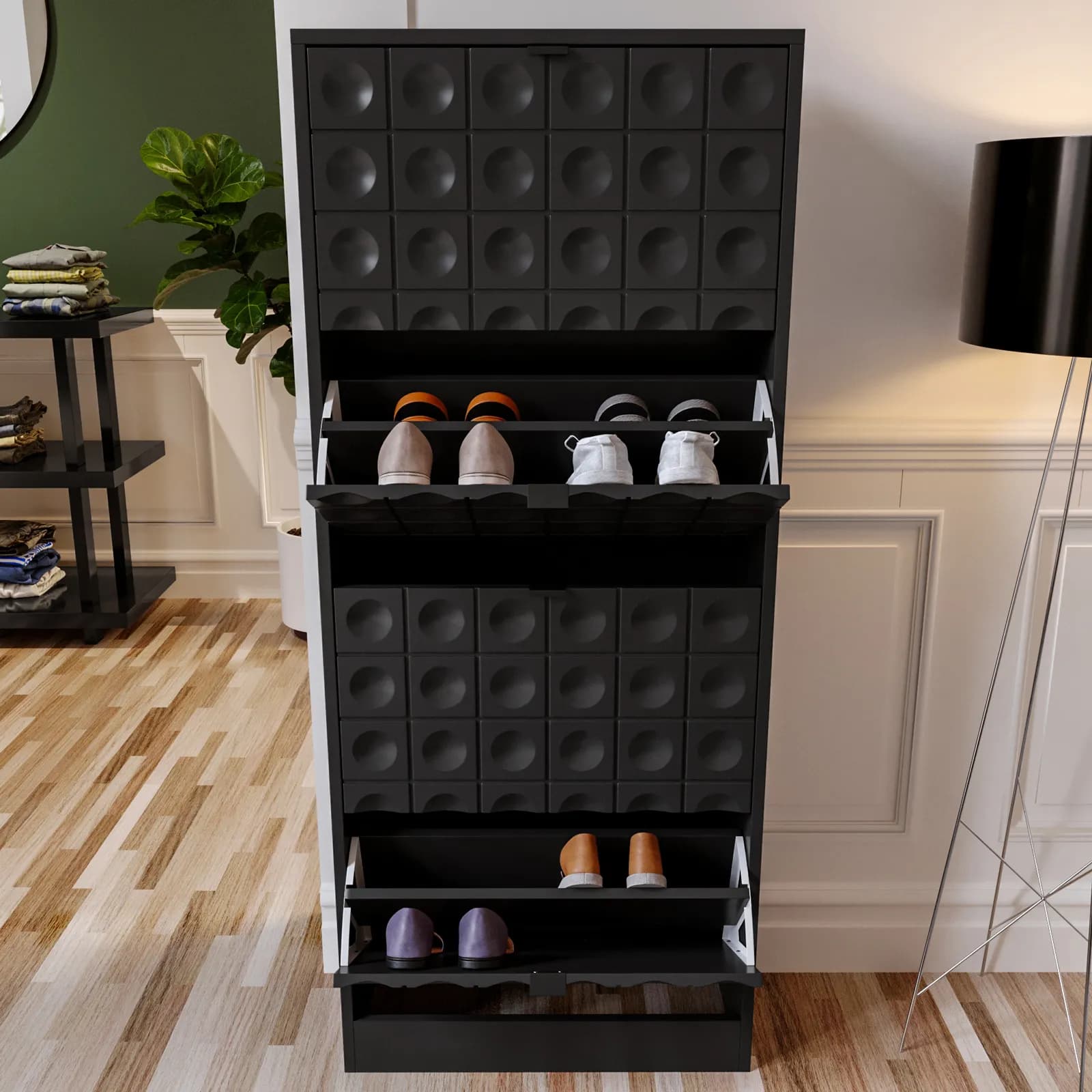 Scarpiera 63x153h cm nero con frontali decorati e 4 ante a ribalta - Miara