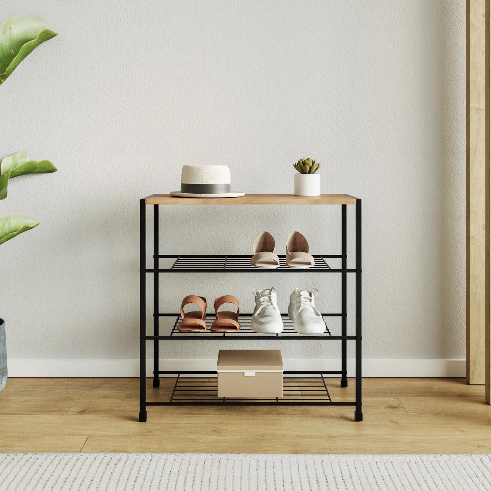 Scarpiera 63x63h cm in acciaio nero e legno con 4 ripiani - Duke
