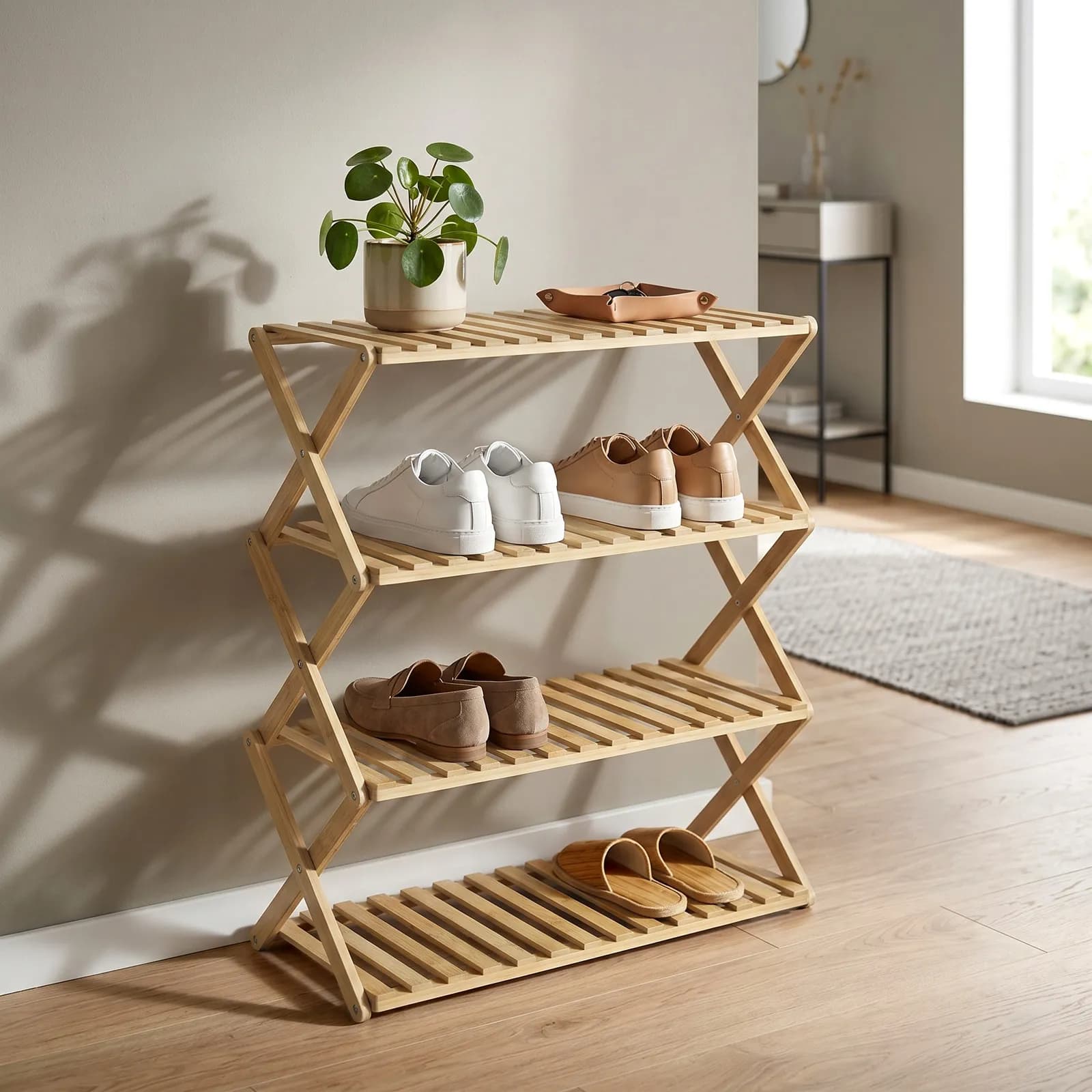 Scarpiera 66x69h cm in bambù naturale con 4 ripiani - Esmara