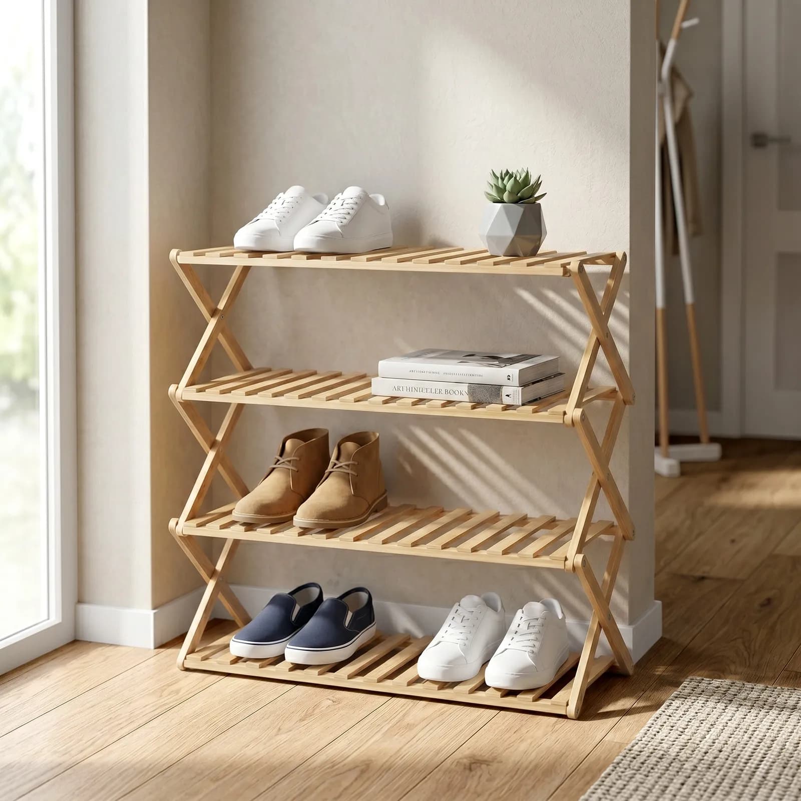 Scarpiera 66x69h cm in bambù naturale con 4 ripiani - Esmara
