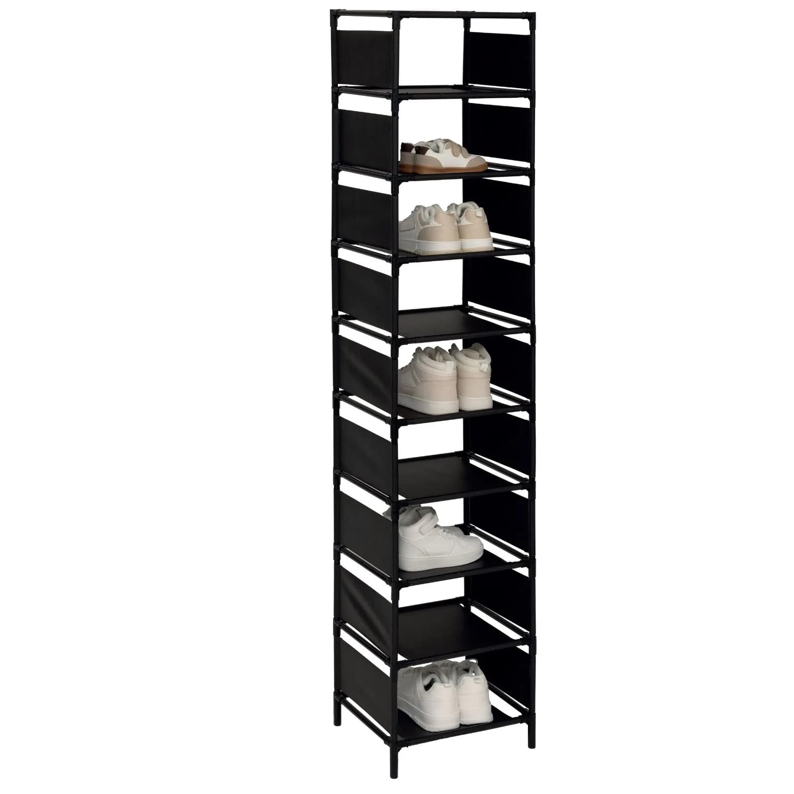 Scarpiera alta 34x161h cm in acciaio nero e tessuto con 10 ripiani