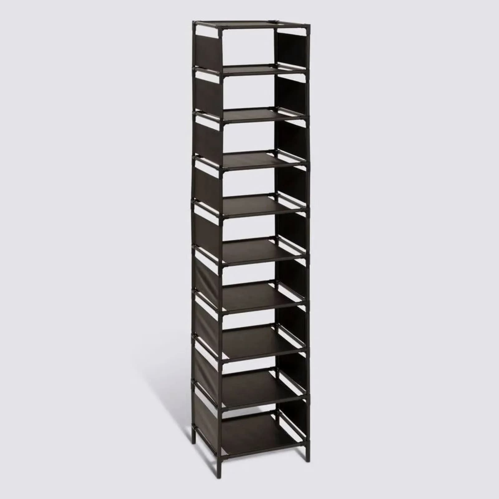 Scarpiera alta 34x161h cm in acciaio nero e tessuto con 10 ripiani