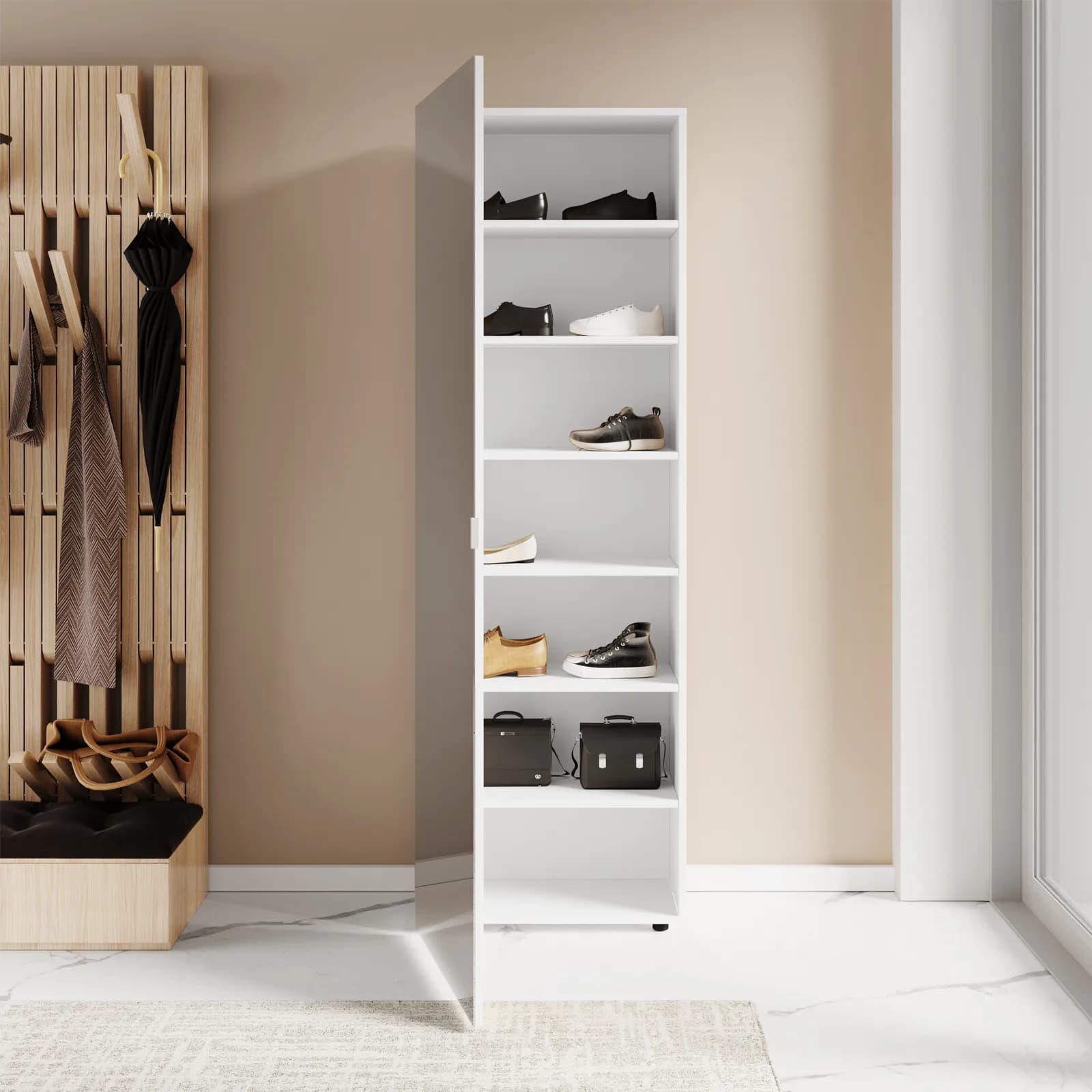 Scarpiera armadio 53x160h cm bianco con 1 anta a specchio e 6 ripiani - Boos