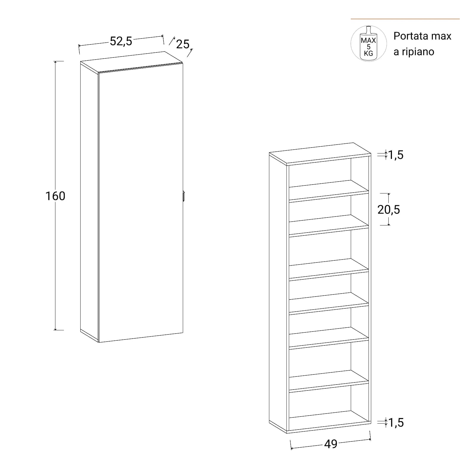 Scarpiera armadio 53x160h cm bianco con 1 anta a specchio e 6 ripiani - Boos