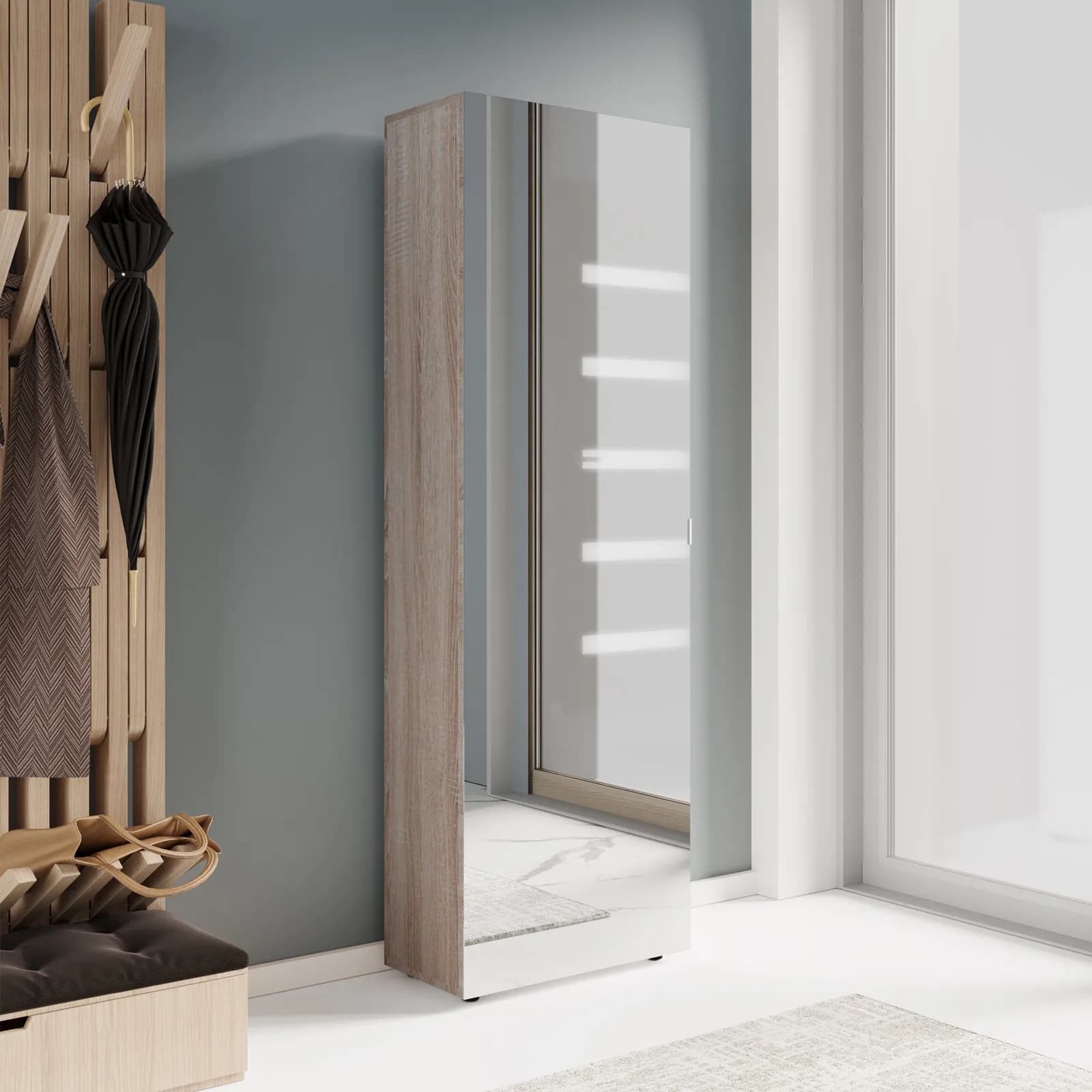 Scarpiera armadio 53x160h cm effetto rovere con 1 anta a specchio e 6 ripiani - Boos