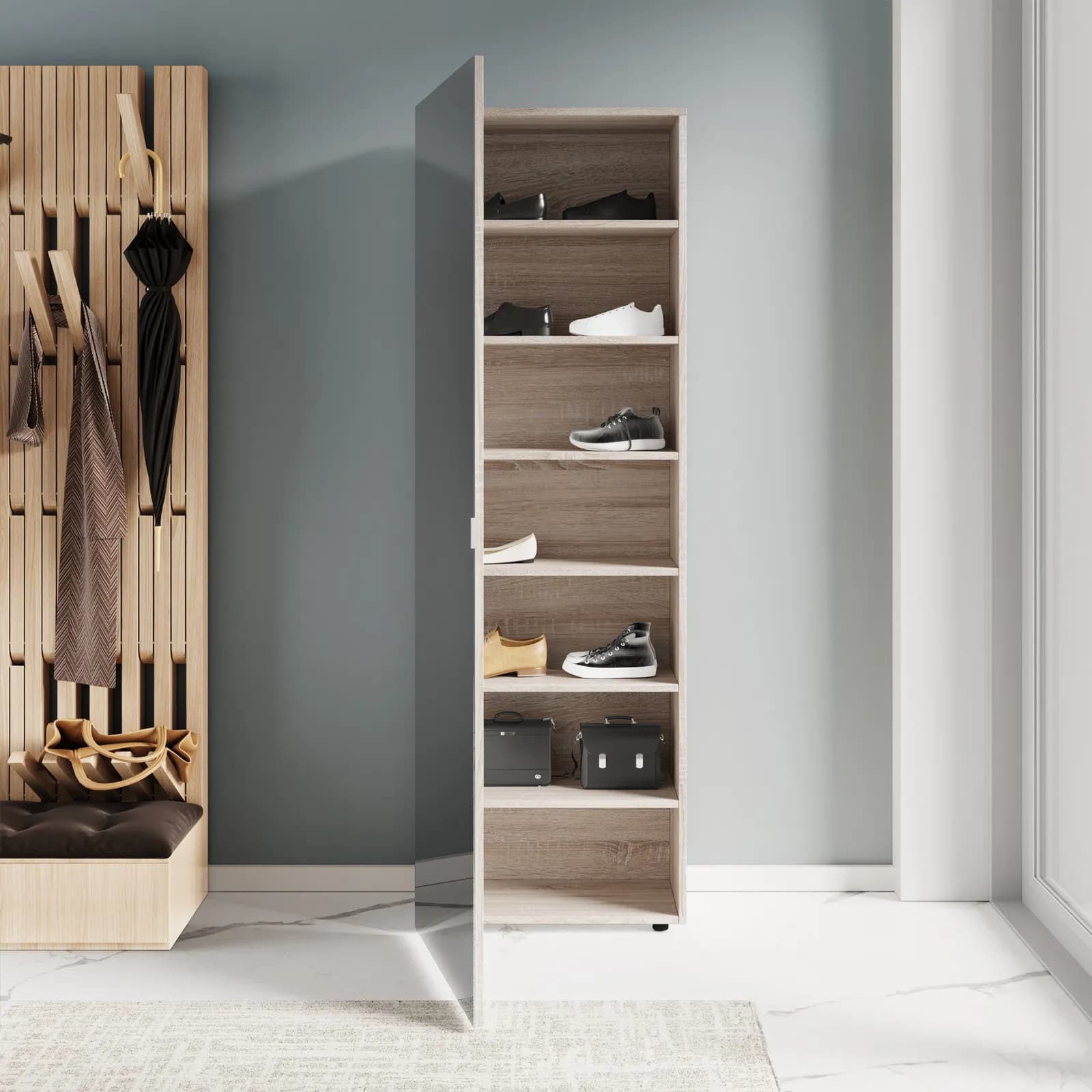 Scarpiera armadio 53x160h cm effetto rovere con 1 anta a specchio e 6 ripiani - Boos
