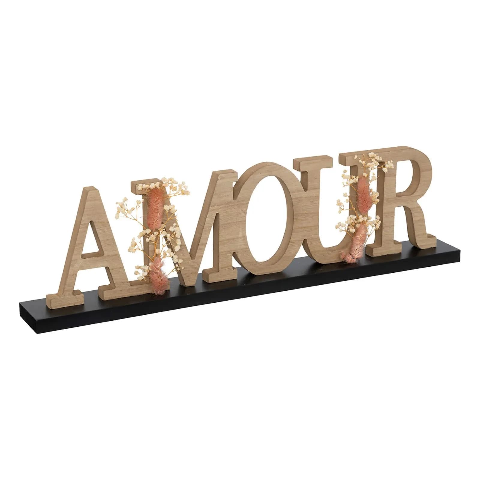 Scritta decorativa 50x14h cm Amour in legno naturale con fiori