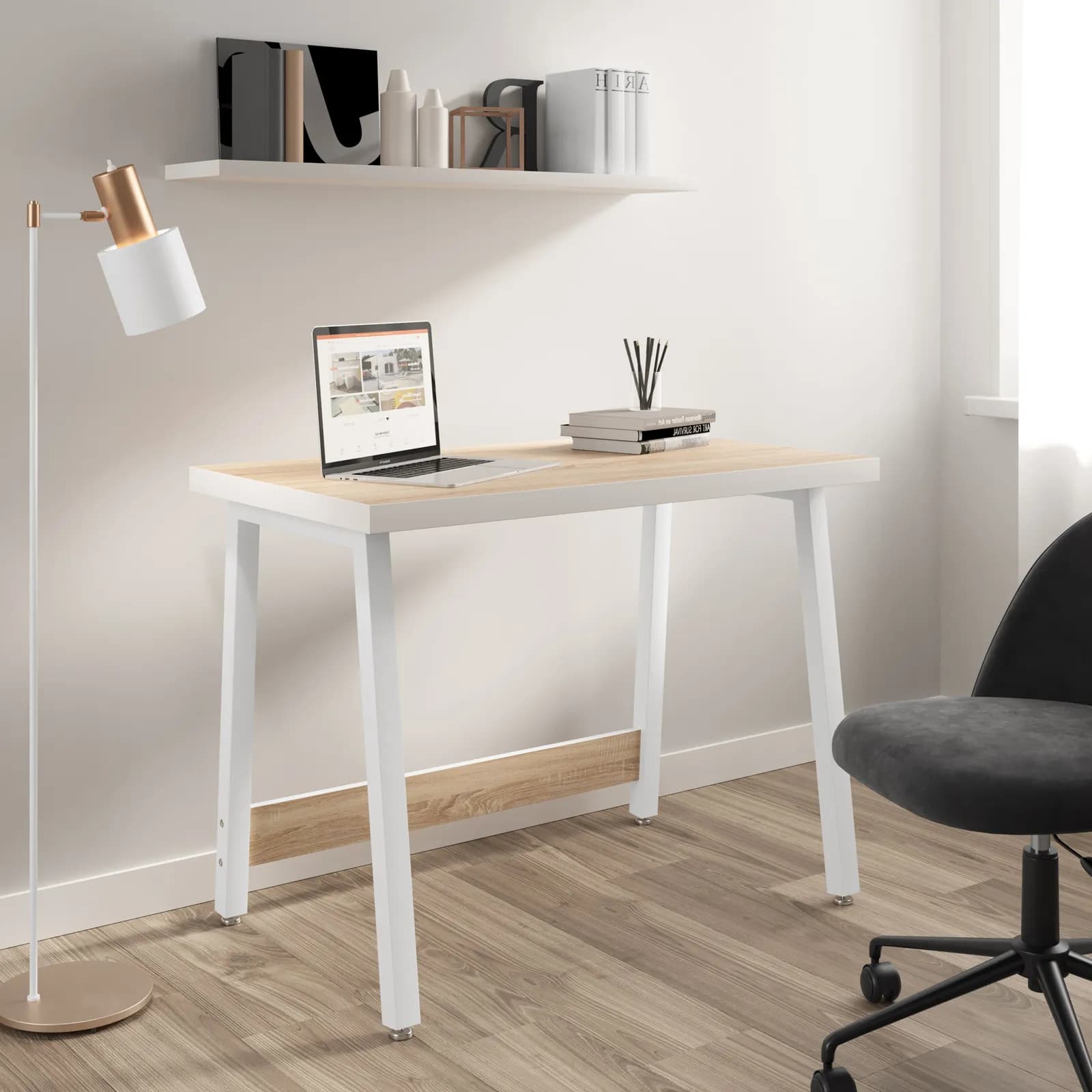 Scrivania 100x60 cm con piano in legno rovere chiaro e gambe in acciaio bianco - Apax