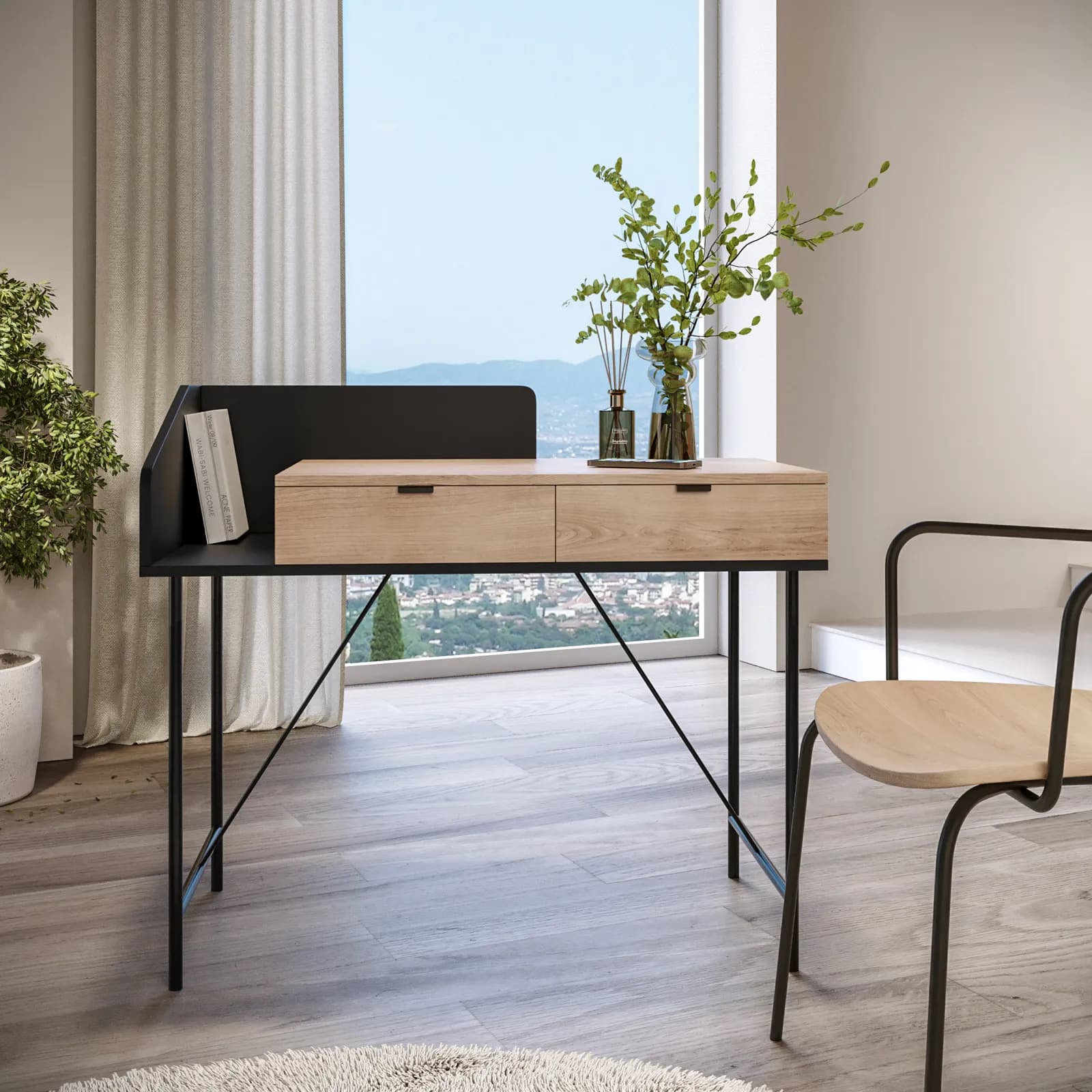 Scrivania 100x50 cm top in legno e struttura in metallo nero con 2 cassetti - Clefy