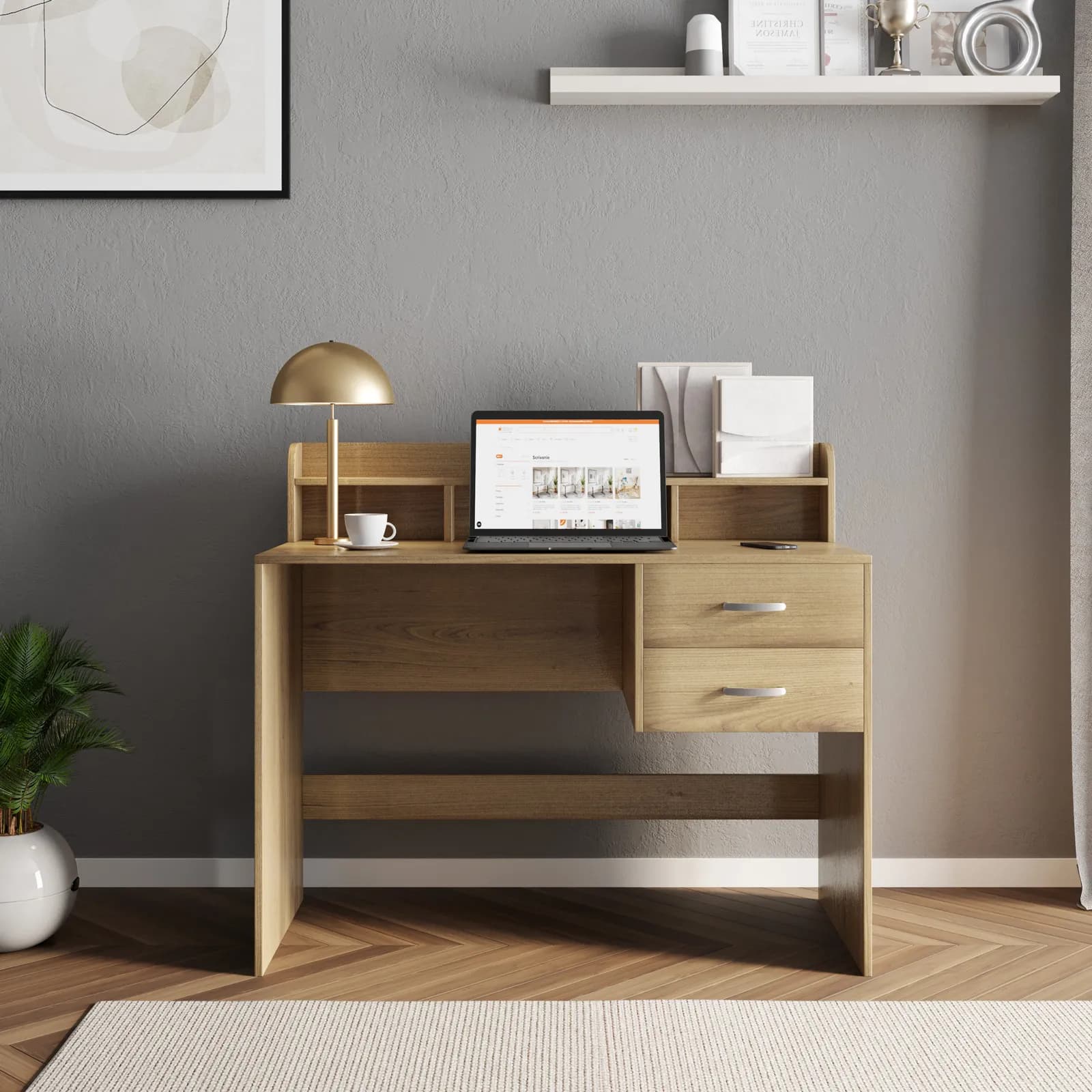 Scrivania 110x50 cm rovere ambra con mensola e 2 cassetti integrati - Rosmiel